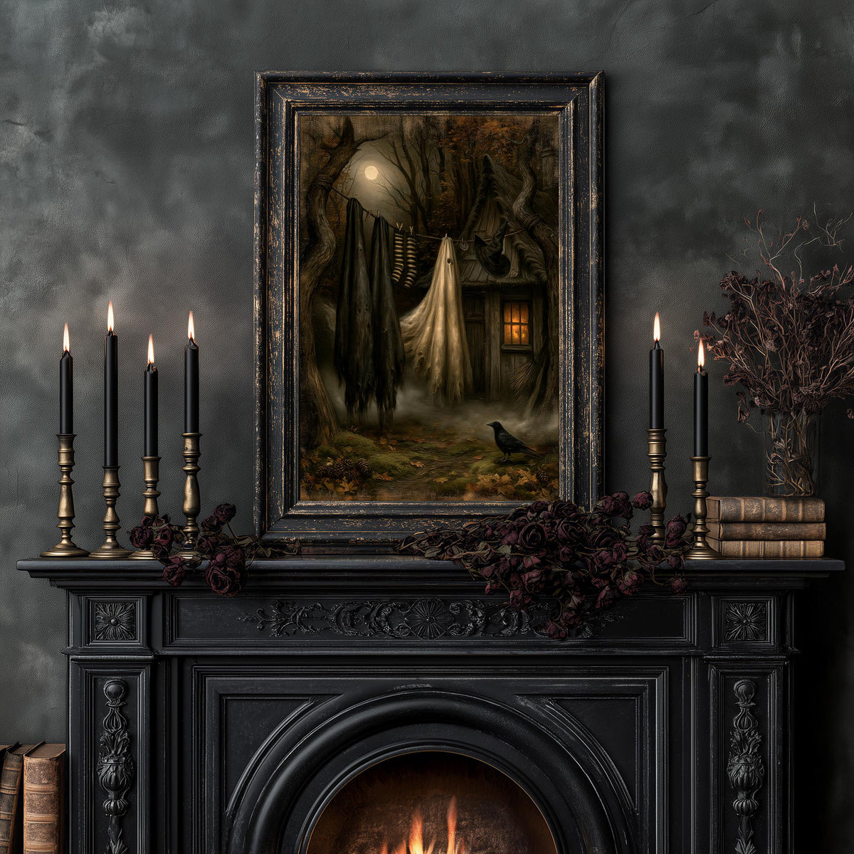 Witchcore print above a fireplace styled with candles and a dark flower arrangement