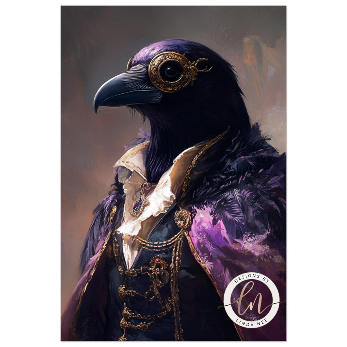 A digital illustration of a black crow wearing an ornate purple and gold outfit with a large eye-like ornament on its head.