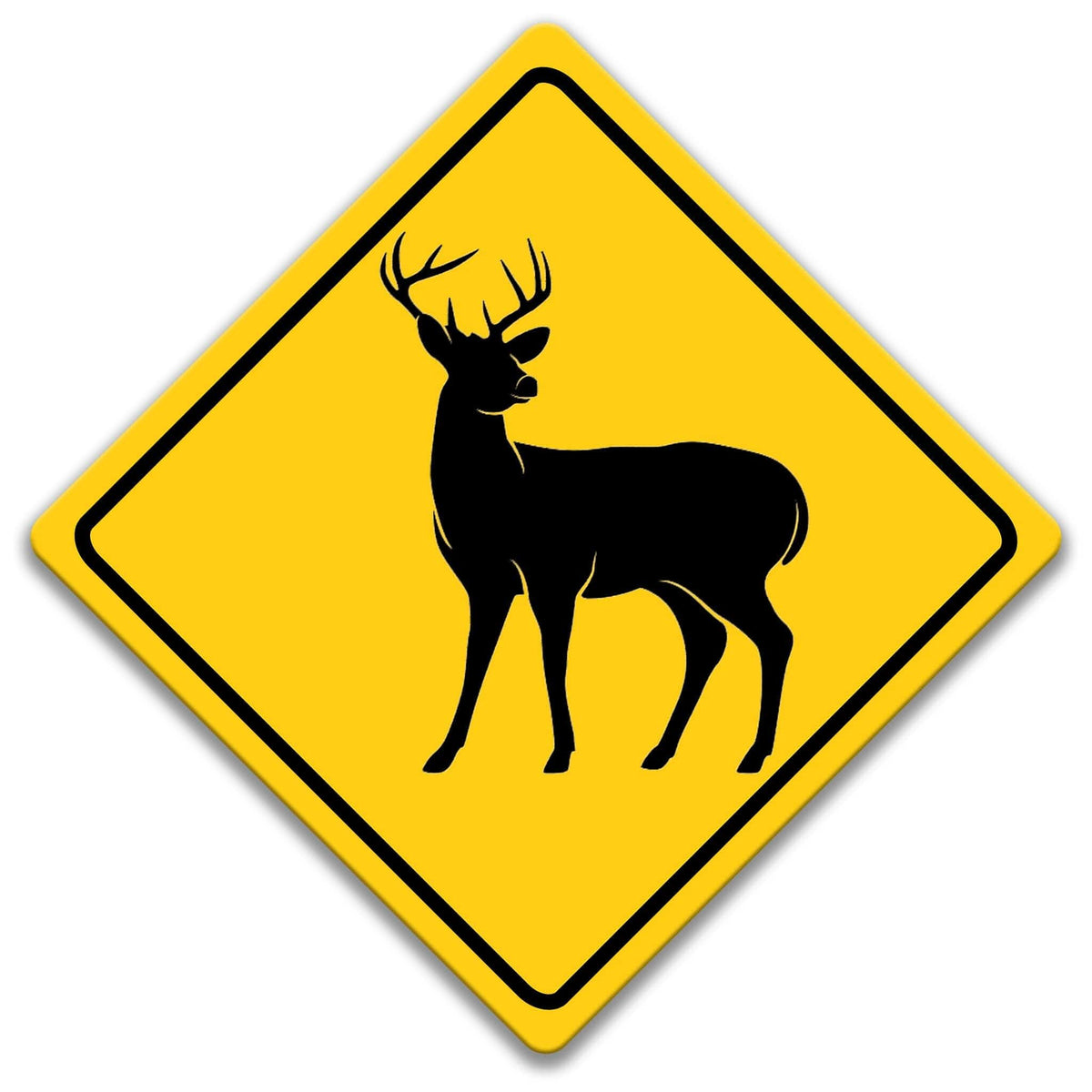 A yellow diamond-shaped road sign with a black silhouette of a deer in the center.