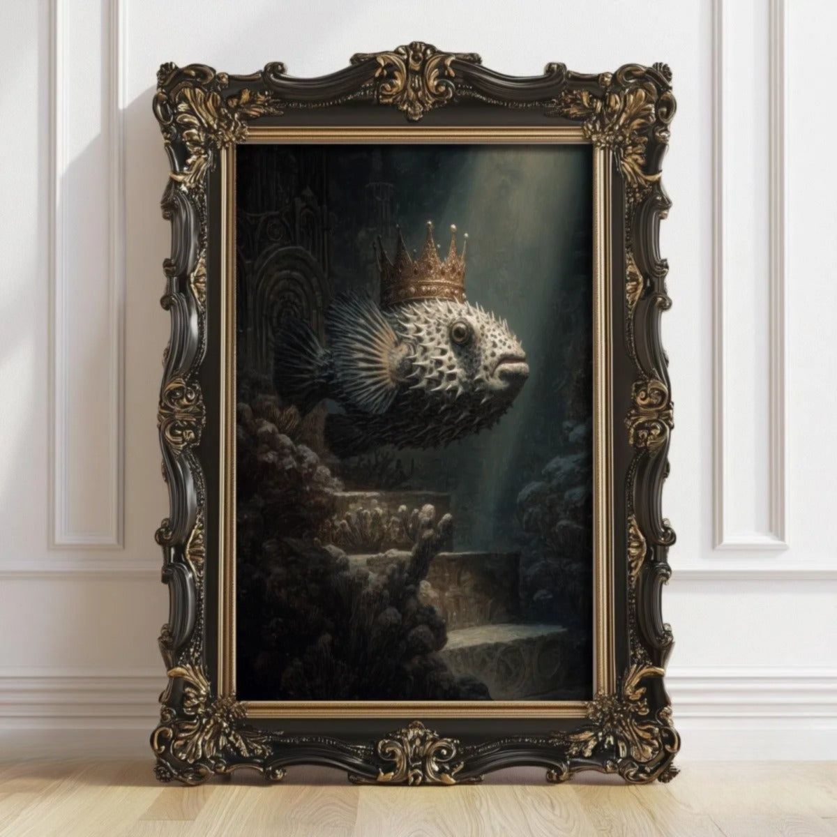 a painting of a fish wearing a crown, which is displayed in an ornate gold frame.