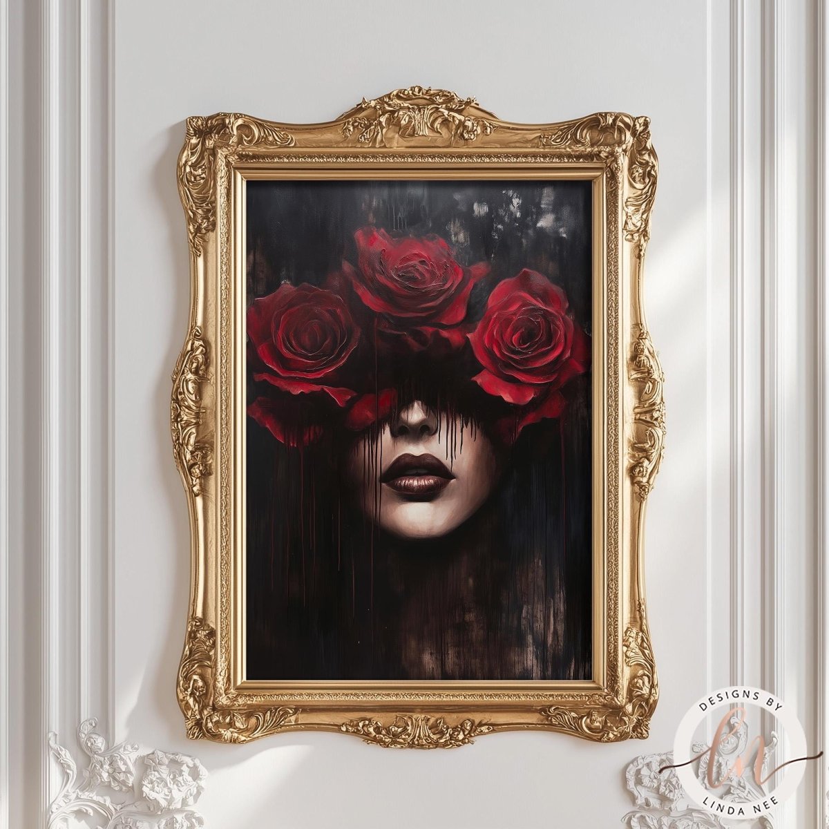 a woman with red roses on her head, framed in an ornate gold frame.