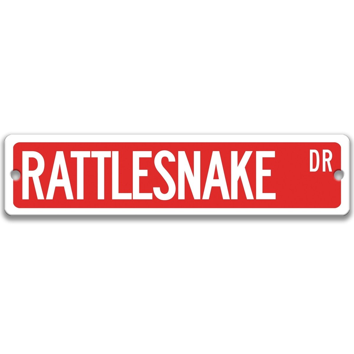 Rattlesnake metal street sign with a red background reading RATTLESNAKE DR