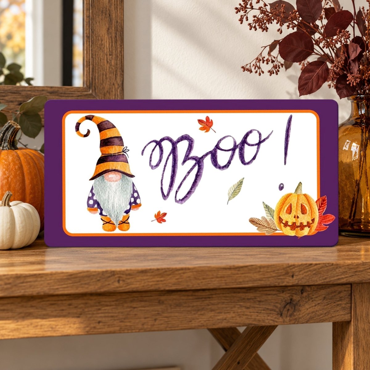 Boo Gnome sign on a shelf with fall decor