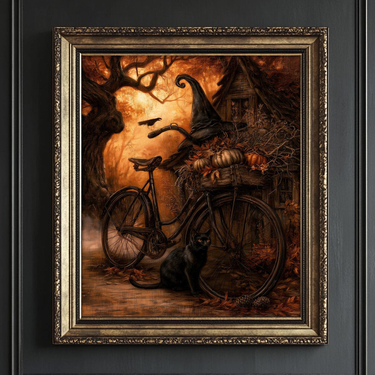 Black cat beside a vintage bicycle with a witch hat, surrounded by autumn leaves and pumpkins