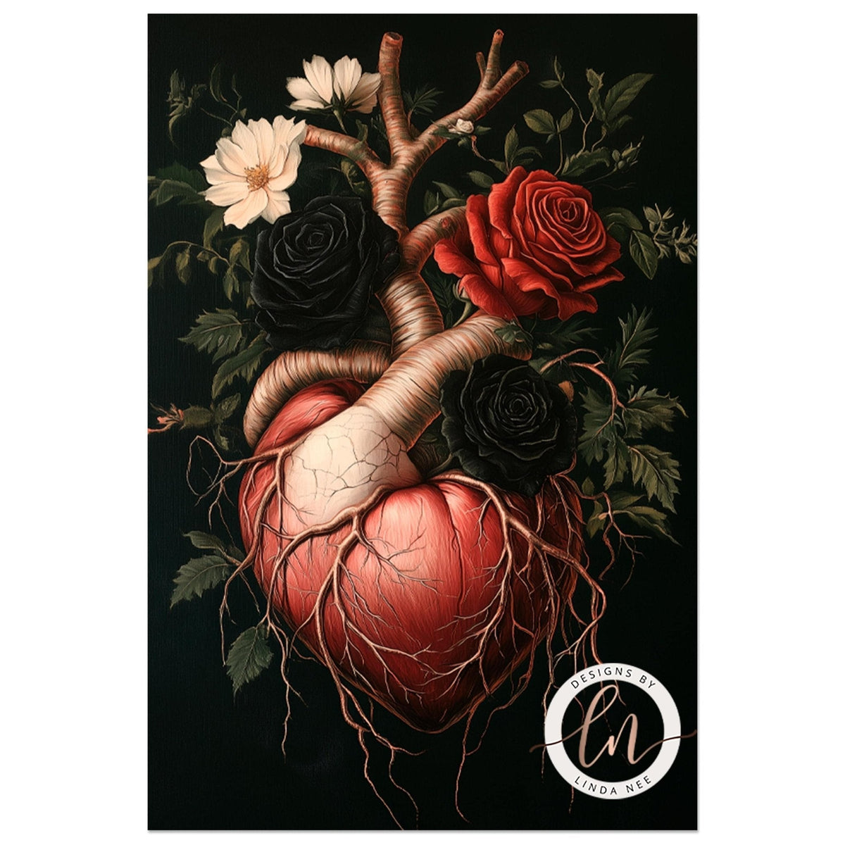 a detailed illustration of a human heart with a floral arrangement of red roses, black roses, and white flowers.