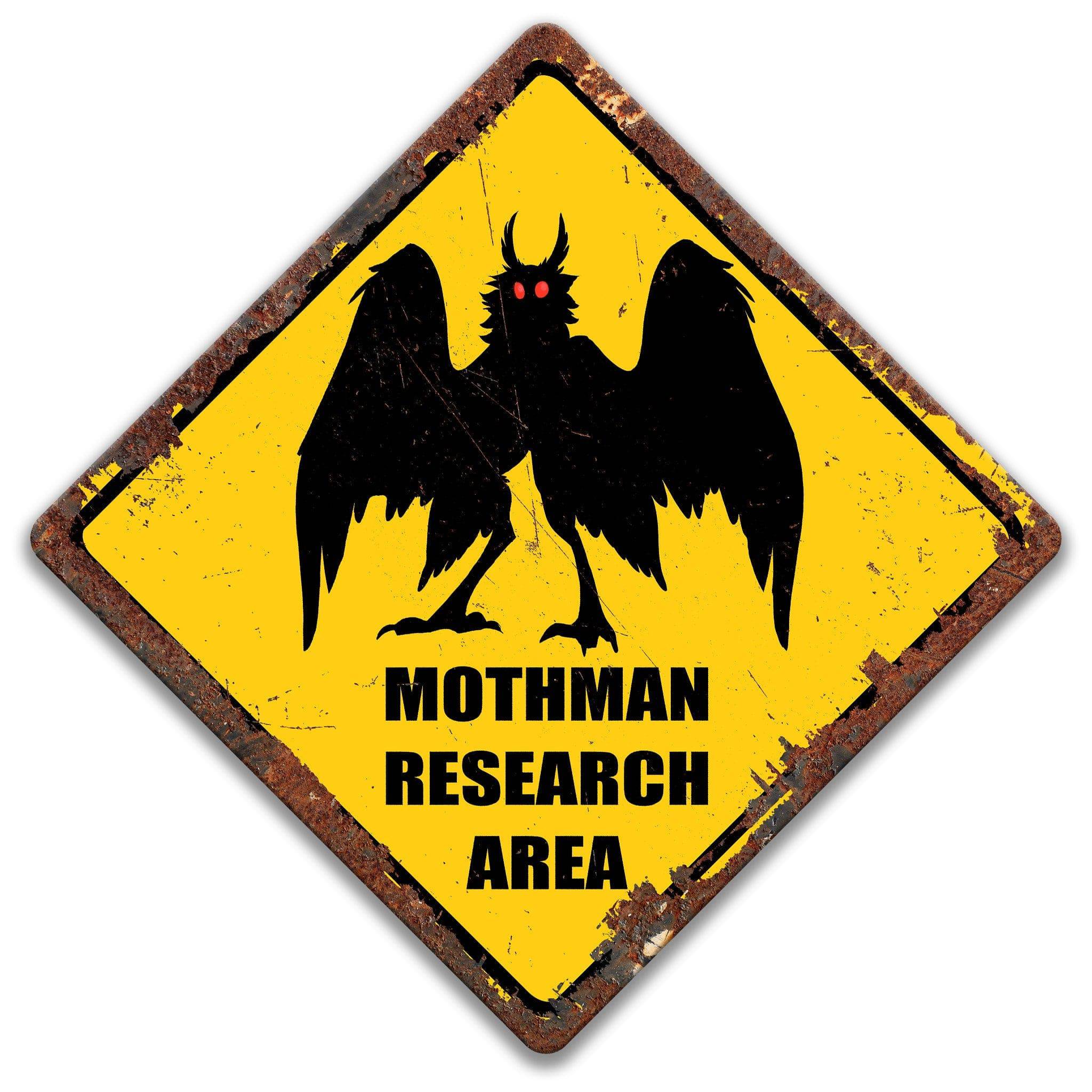 a sign with a warning about a mothman research area.