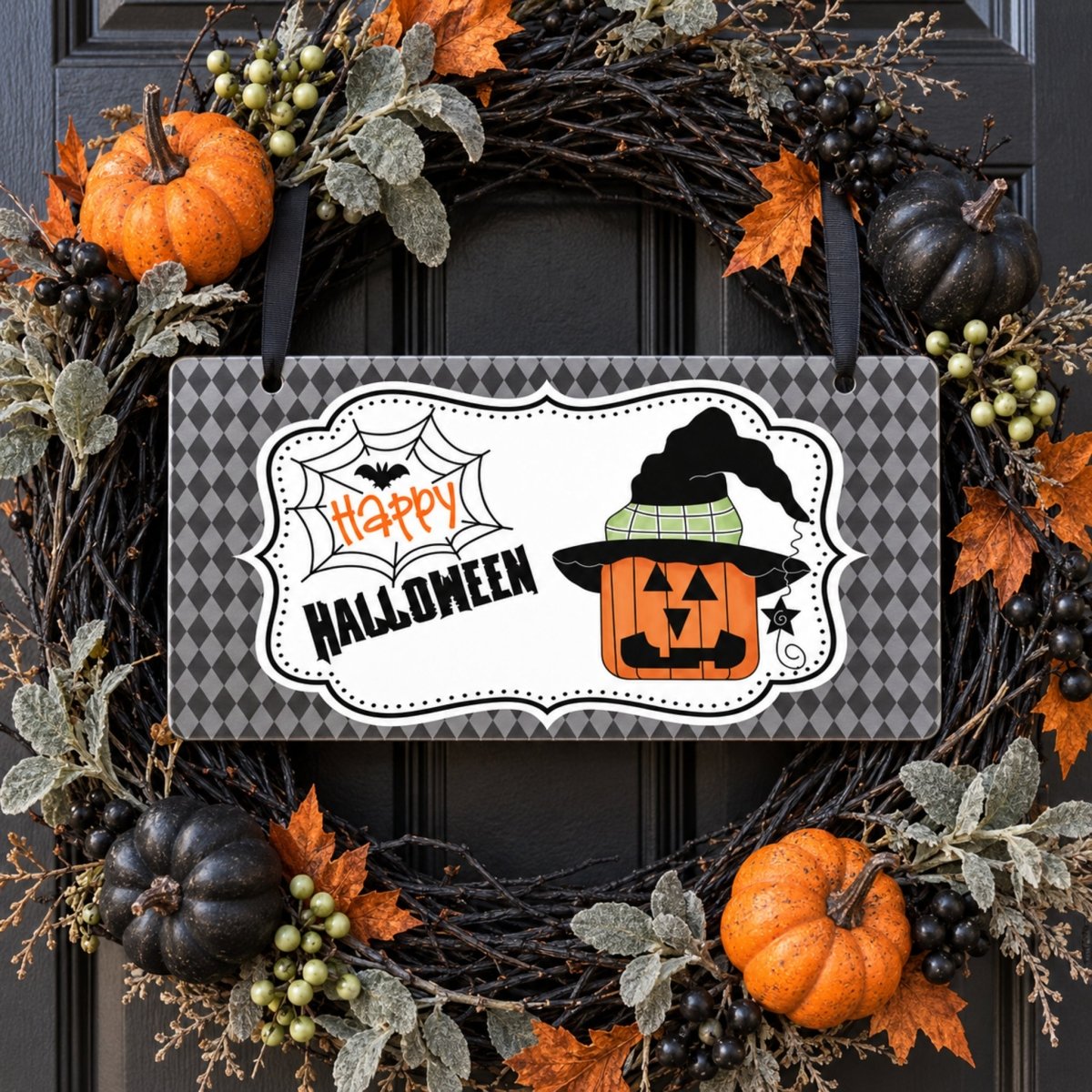 Jack O Lantern Witch Hat sign centered in a door wreath