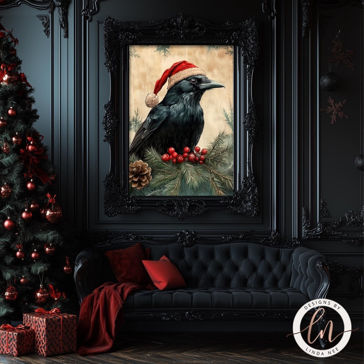 Santa hat raven on a berried pine branch against a dark background with presents