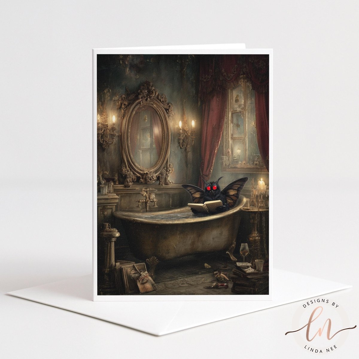 Mothman cryptid is sitting on the edge of a bathtub in a dimly lit, ornately decorated bathroom.