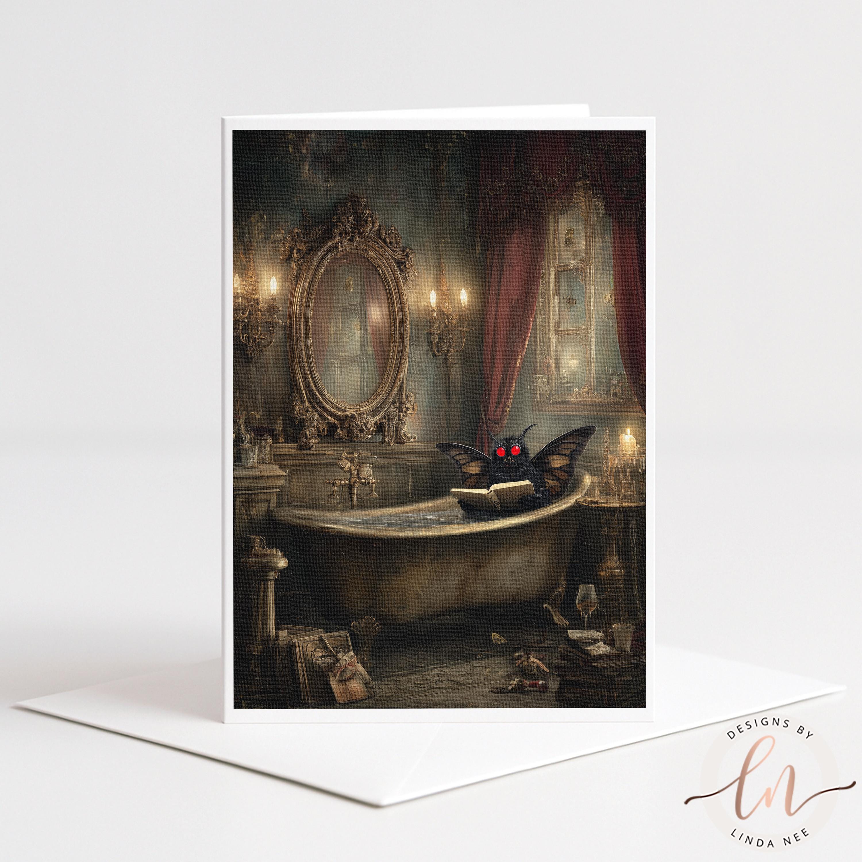 Mothman cryptid is sitting on the edge of a bathtub in a dimly lit, ornately decorated bathroom.