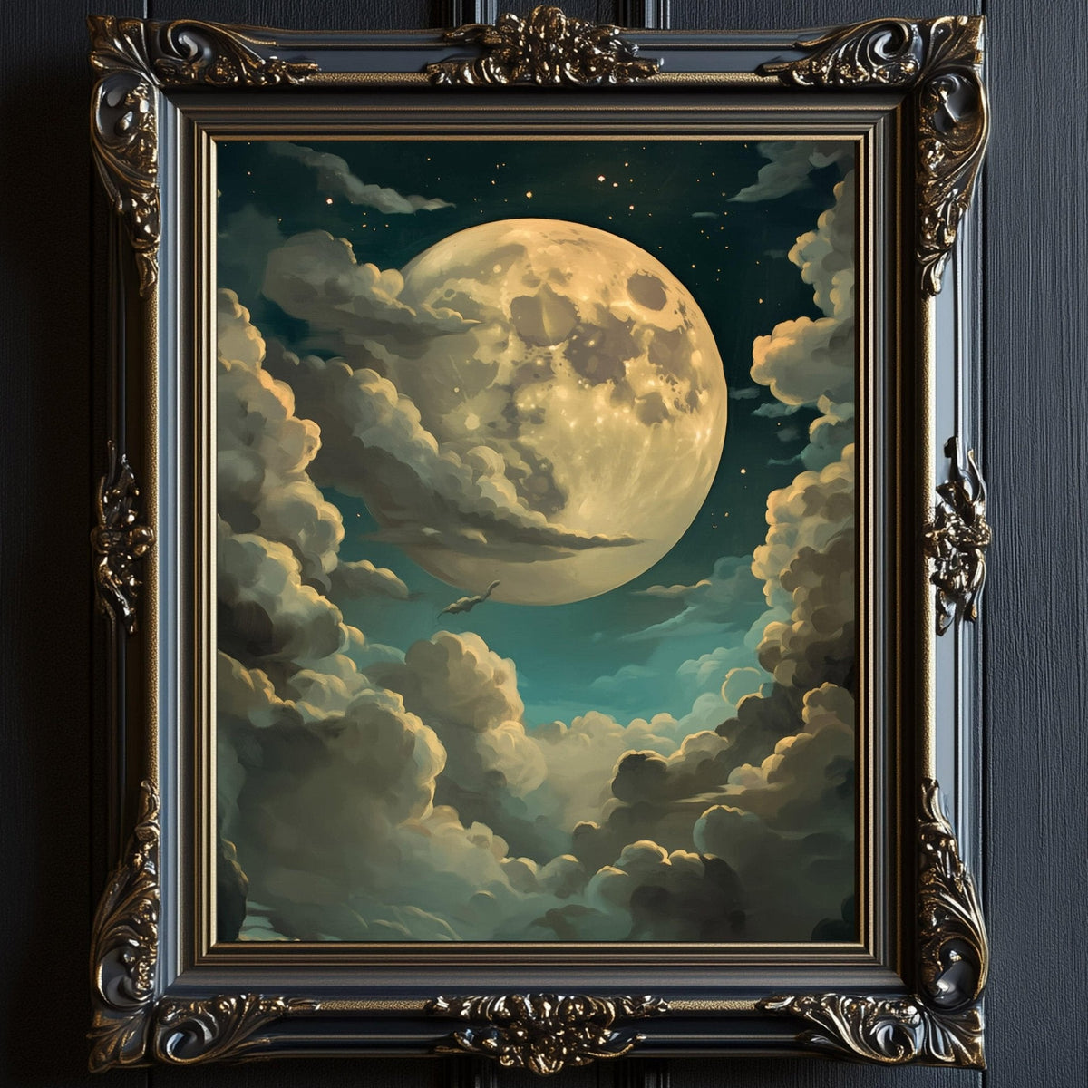 a large, glowing moon surrounded by fluffy white clouds against a dark night sky.