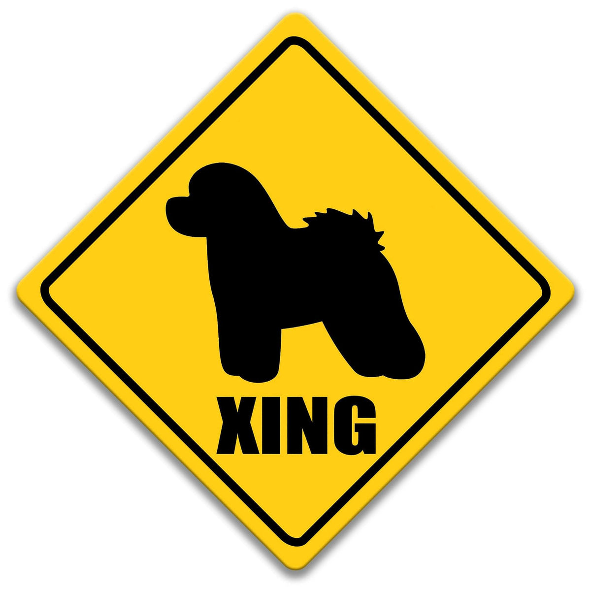a yellow diamond-shaped sign with a black silhouette of a dog and the word "XING" written below it.