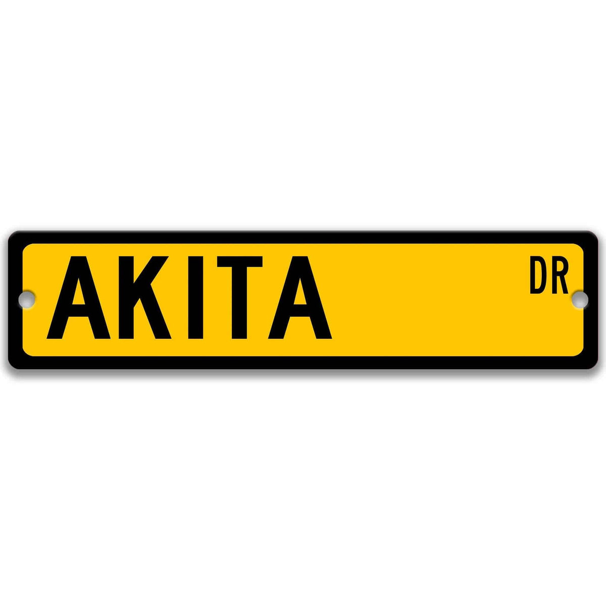 Yellow Akita DR aluminum street sign with black lettering