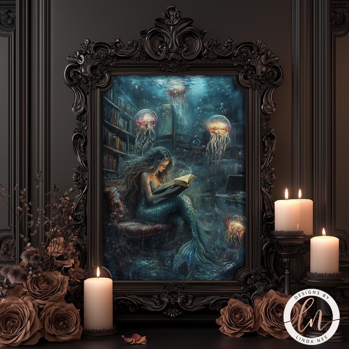 a mermaid sitting in a chair and reading a book, surrounded by jellyfish and candles, creating a whimsical and enchanting scene.