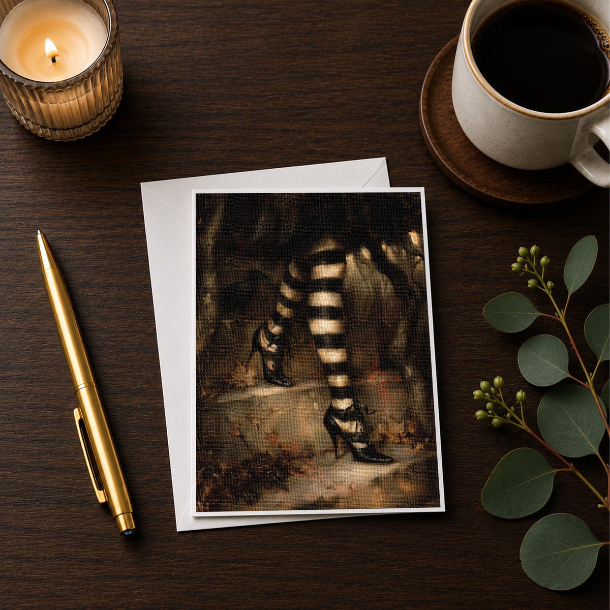 Witch stockings note card styled on a wooden desk with a candle and a coffee cup
