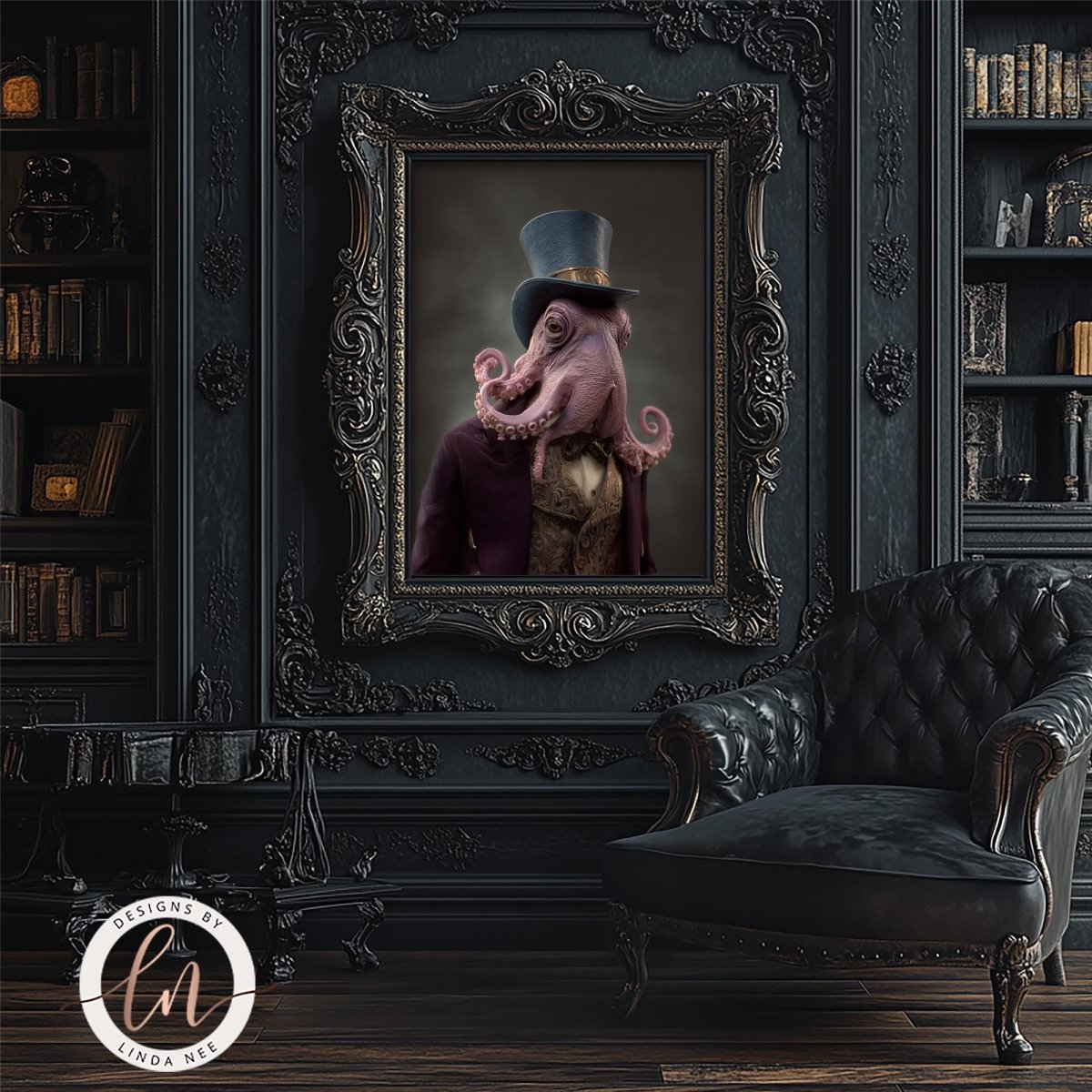 an octopus wearing a top hat and vest, standing in a fancy frame on a wall in a room with a black leather chair and bookshelves.