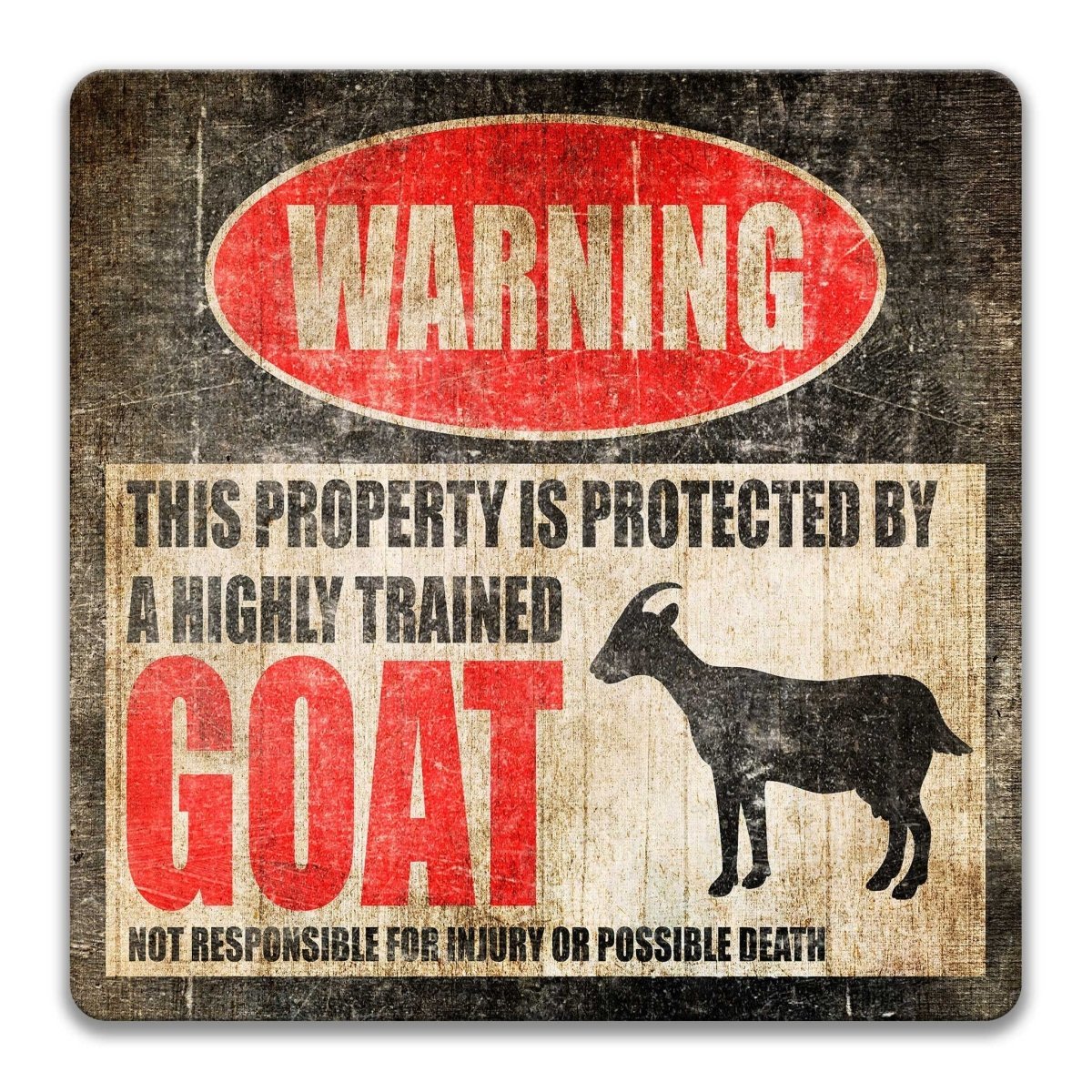Goat warning sign, red WARNING banner and large goat silhouette, funny Goat lover gift, aluminum with rounded corners