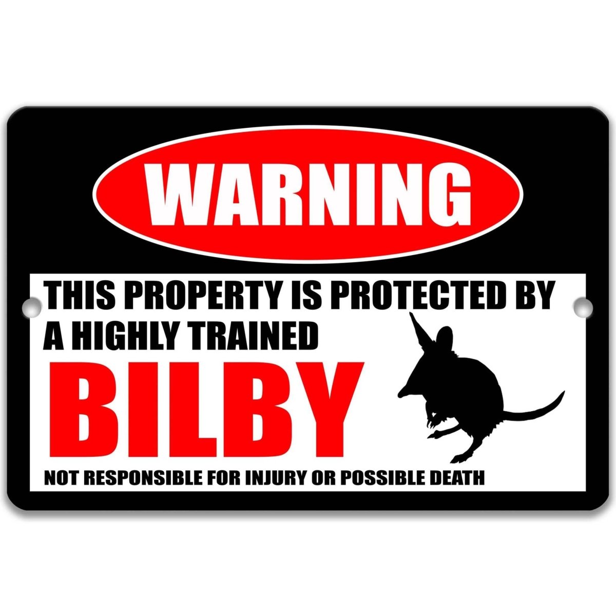 Bilby warning metal sign, glossy black, red WARNING oval and long-eared bilby silhouette