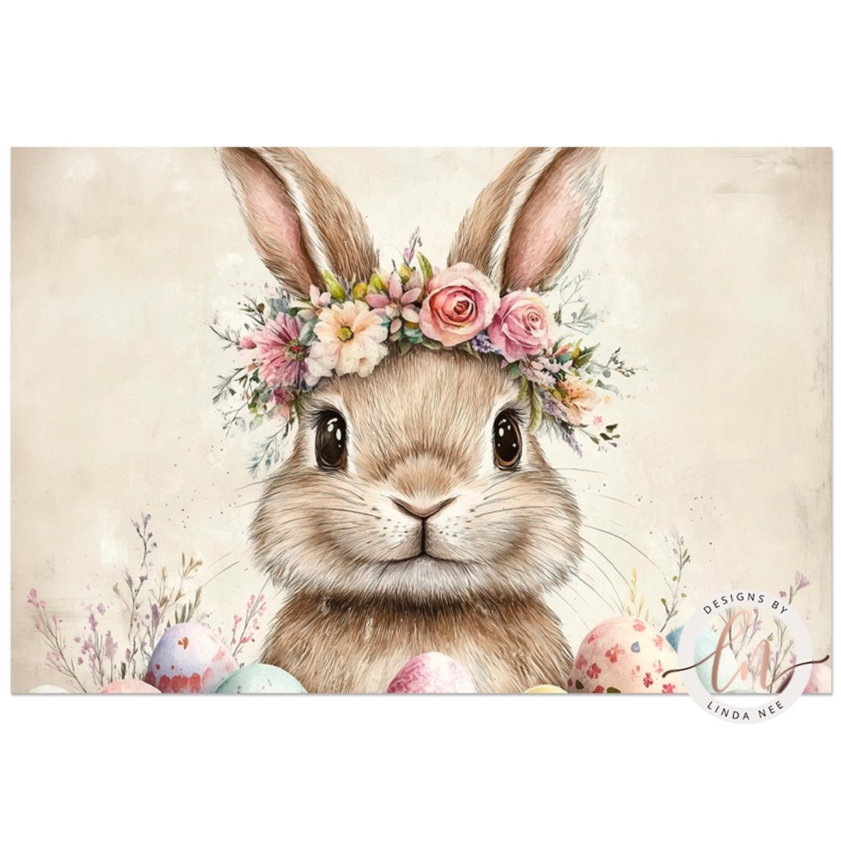 Rabbit with a floral wreath surrounded by wildflowers and eggs