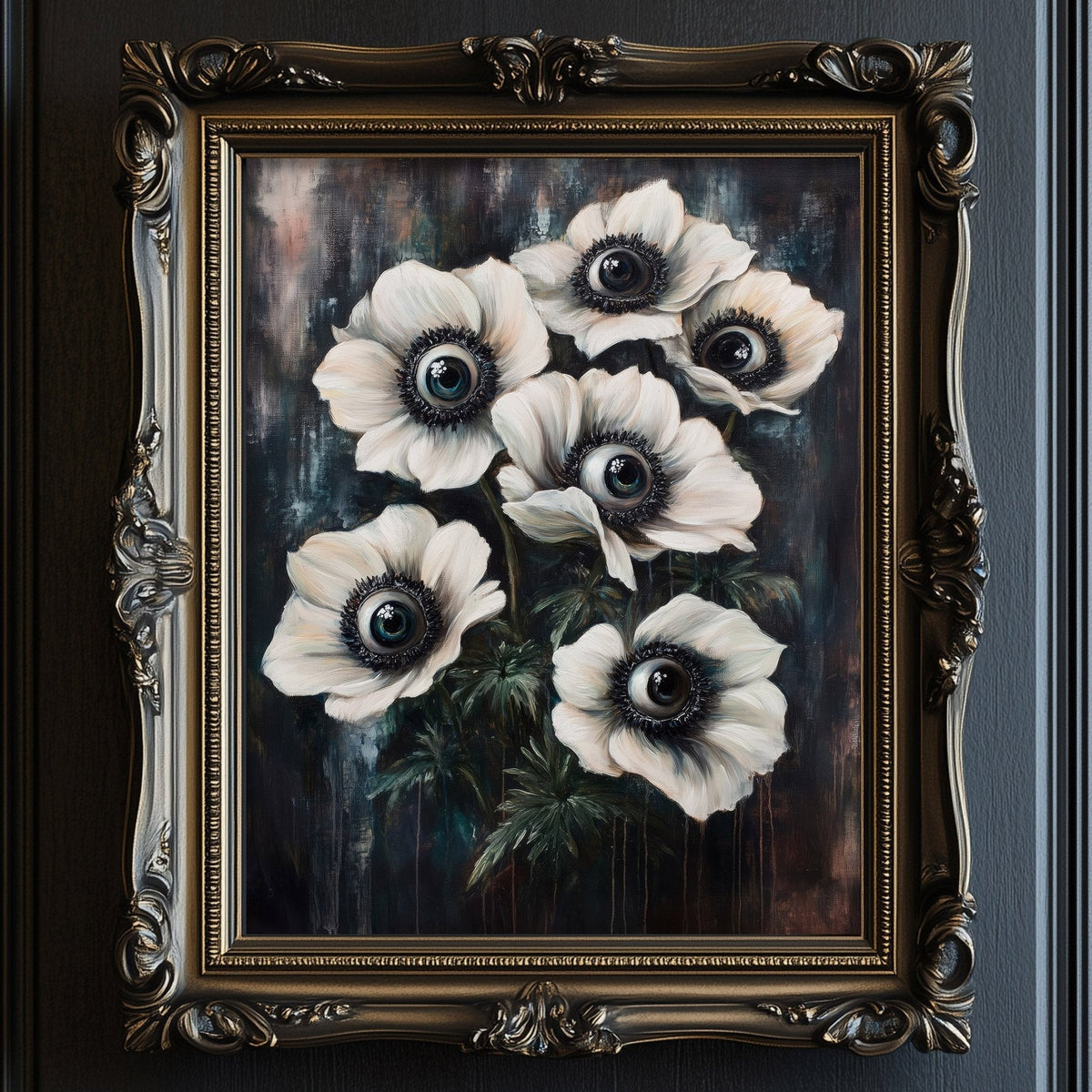 The image is a painting of a bouquet of white flowers with black centers, displayed in an ornate gold frame.