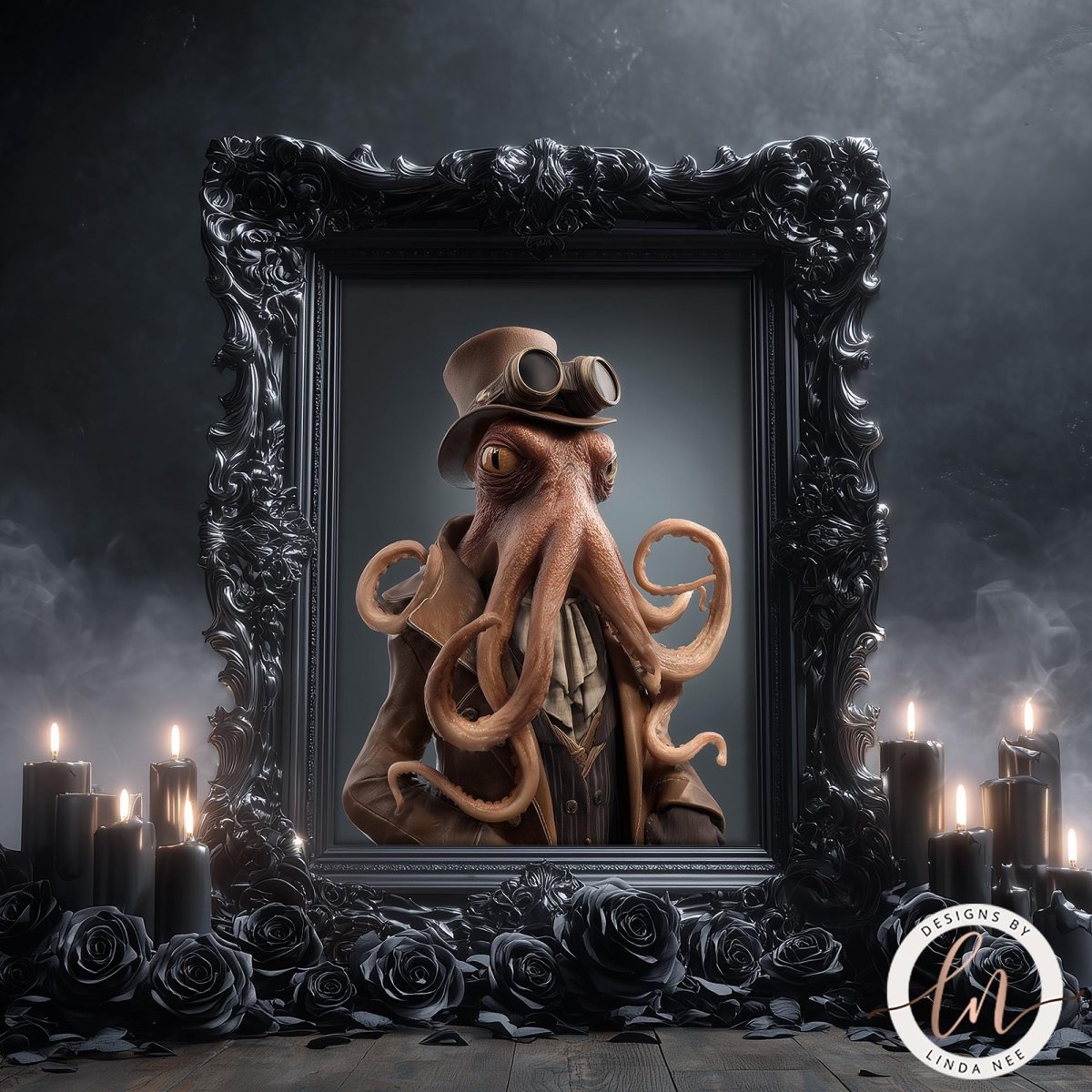 A framed image of an octopus wearing a top hat and goggles, surrounded by candles and roses, with a dark, moody background.