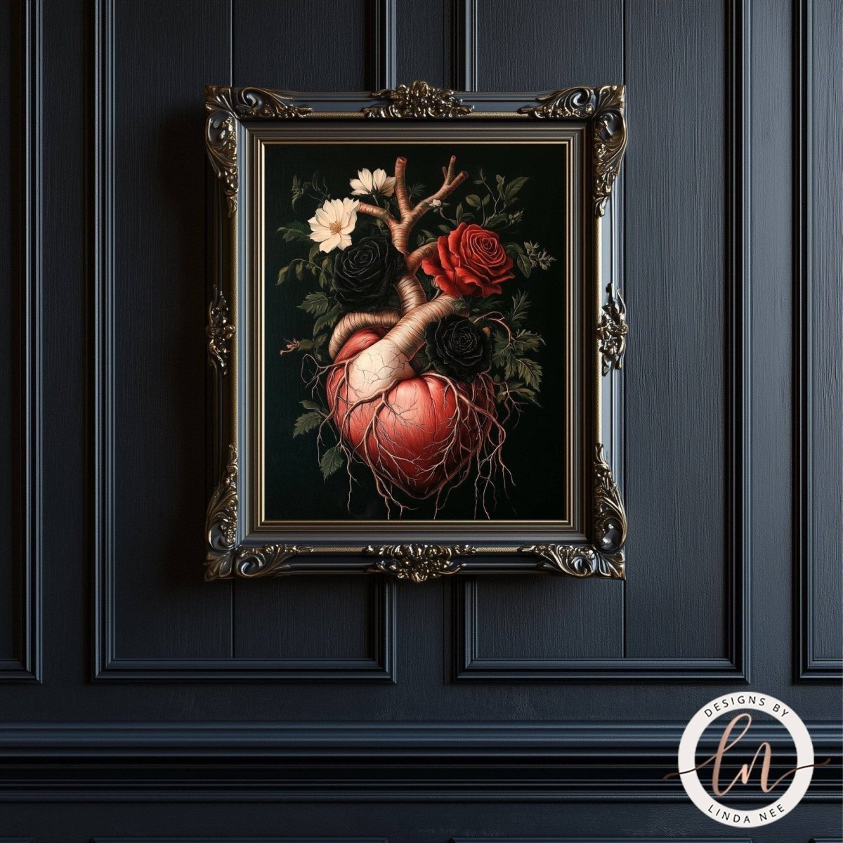 Heart and roses artwork with red black and white blooms
