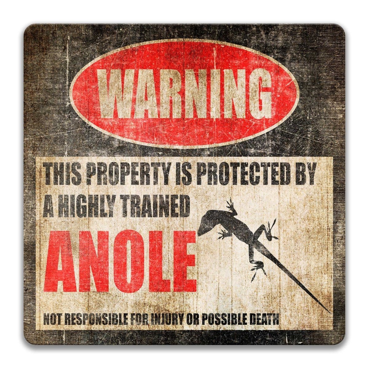 Anole Lizard property warning sign, novelty Anole Lizard-owner gag, highly trained Anole Lizard joke with anole lizard silhouette