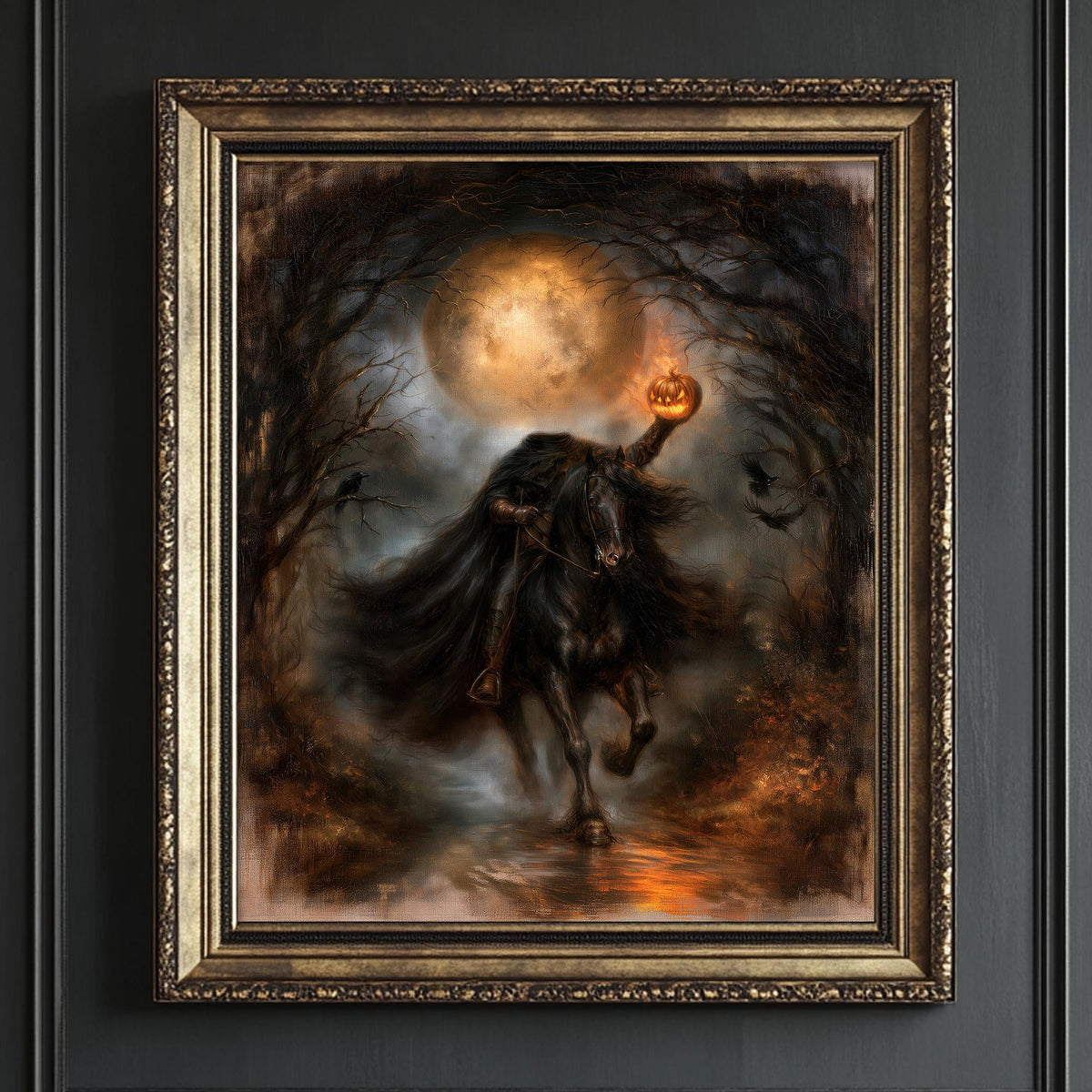 Rider lifting a burning jack-o-lantern high in a twisted moonlit wood