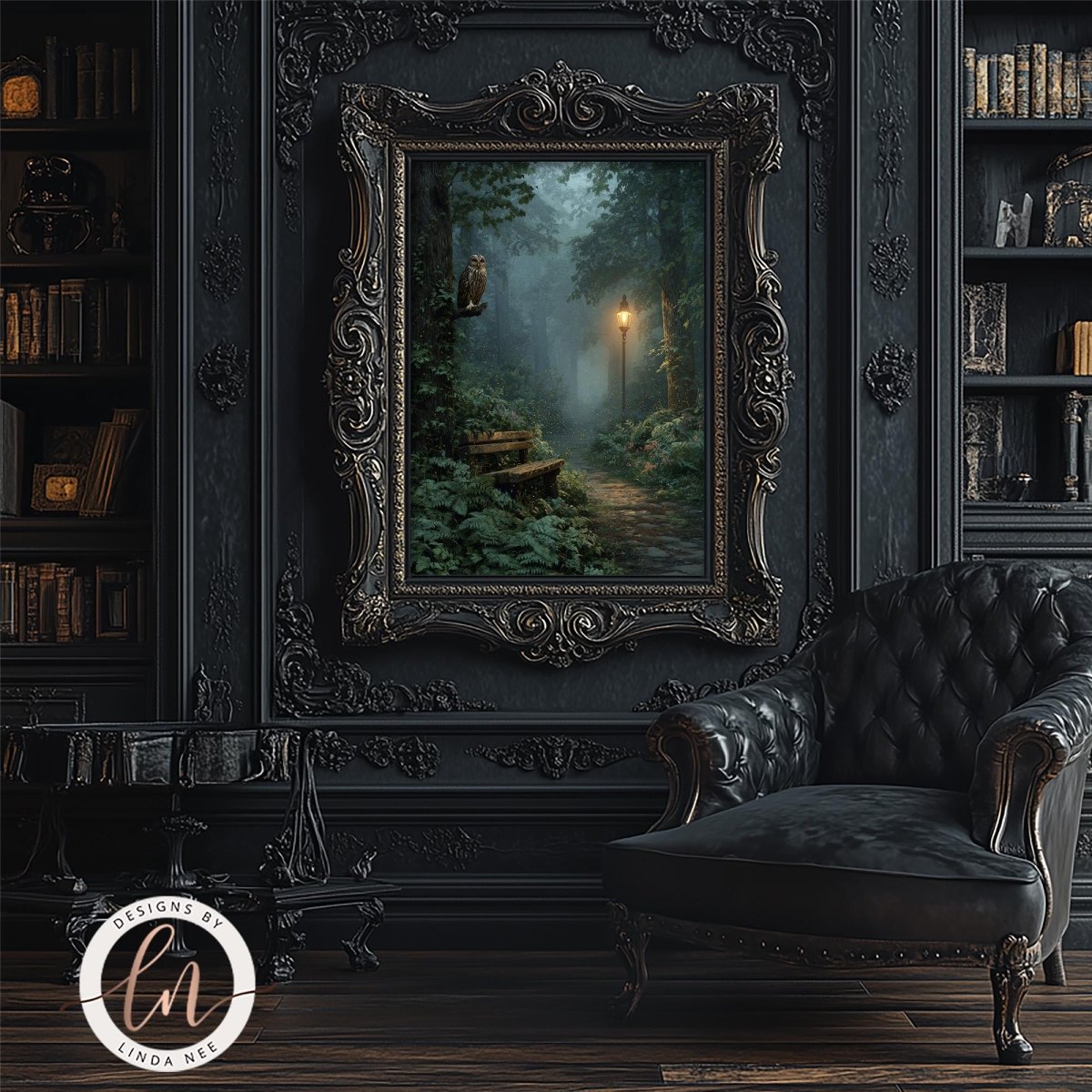 a serene and elegant living room with a large, ornate picture frame hanging on the wall, depicting a forest path leading to a glowing light source. The room is furnished with a black leather armchair and a wooden side table, creating a cozy and sophisticated atmosphere.