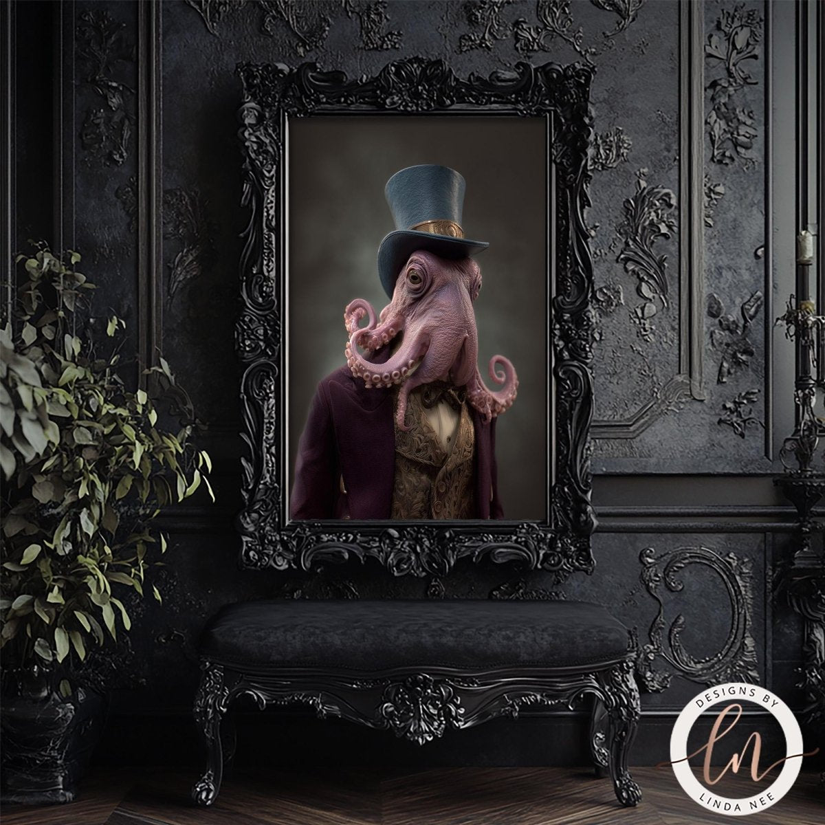 an octopus wearing a top hat and a purple suit, standing in a black ornate frame against a dark background.