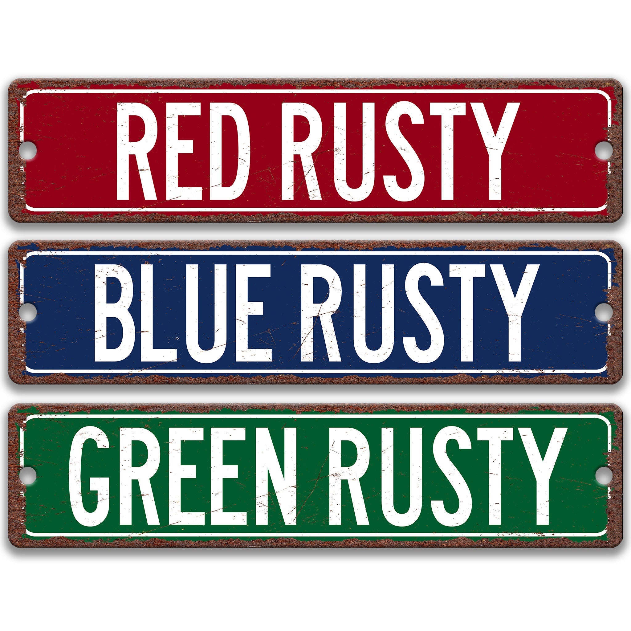 three signs with the text "RED RUSTY BLUE RUSTY GREEN RUSTY" written on them.