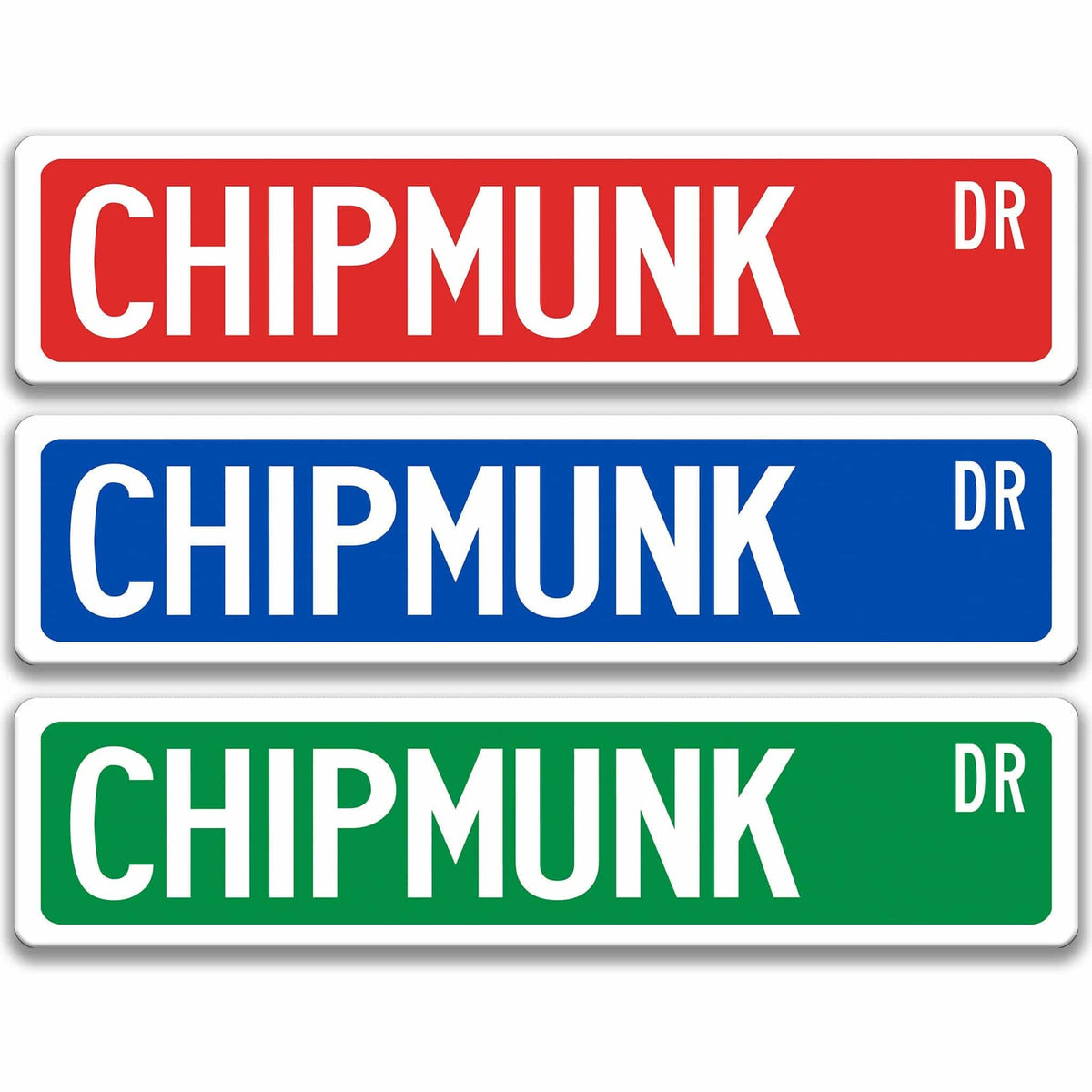 Chipmunk metal street sign shown in red, yellow, and blue background colors
