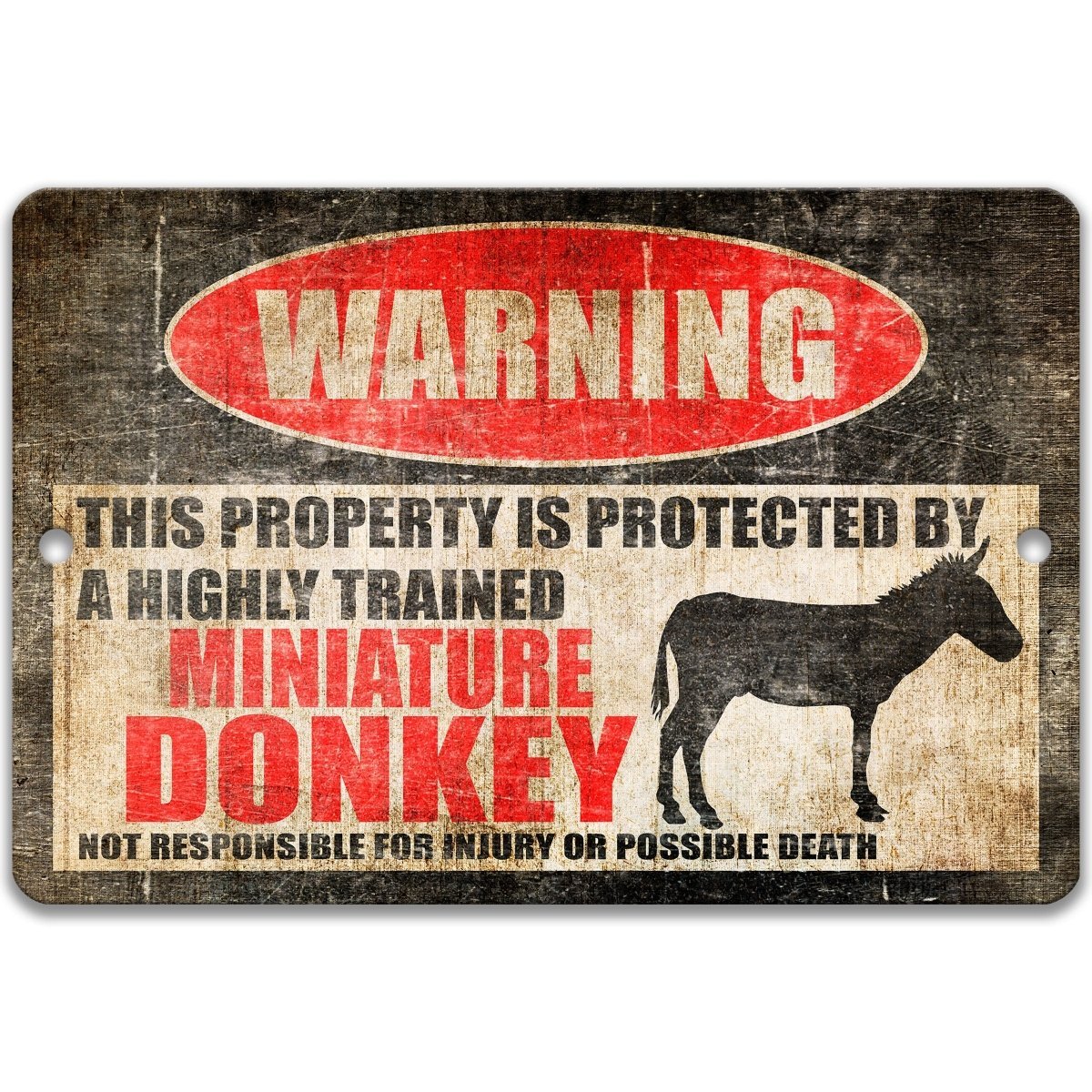 Miniature Donkey warning sign, red WARNING oval, this property is protected by a highly trained Miniature Donkey, with miniature donkey silhouette