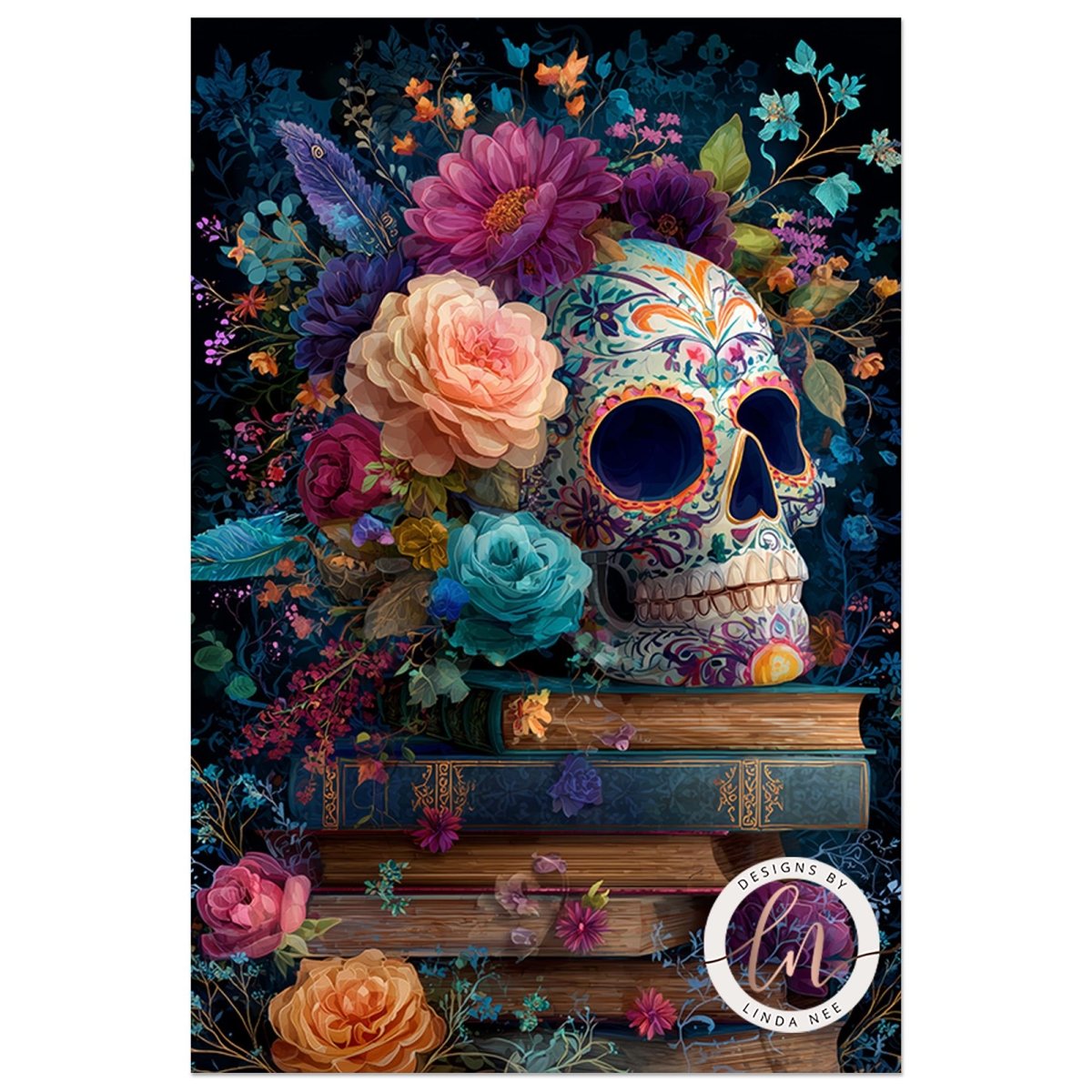 A colorful and vibrant image featuring a skull surrounded by an array of flowers, leaves, and books, creating a striking and visually captivating composition.