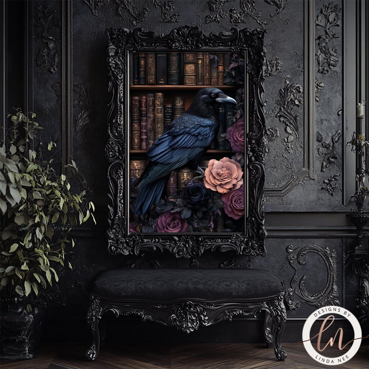Raven perched on books and flowers artwork in an ornate black frame