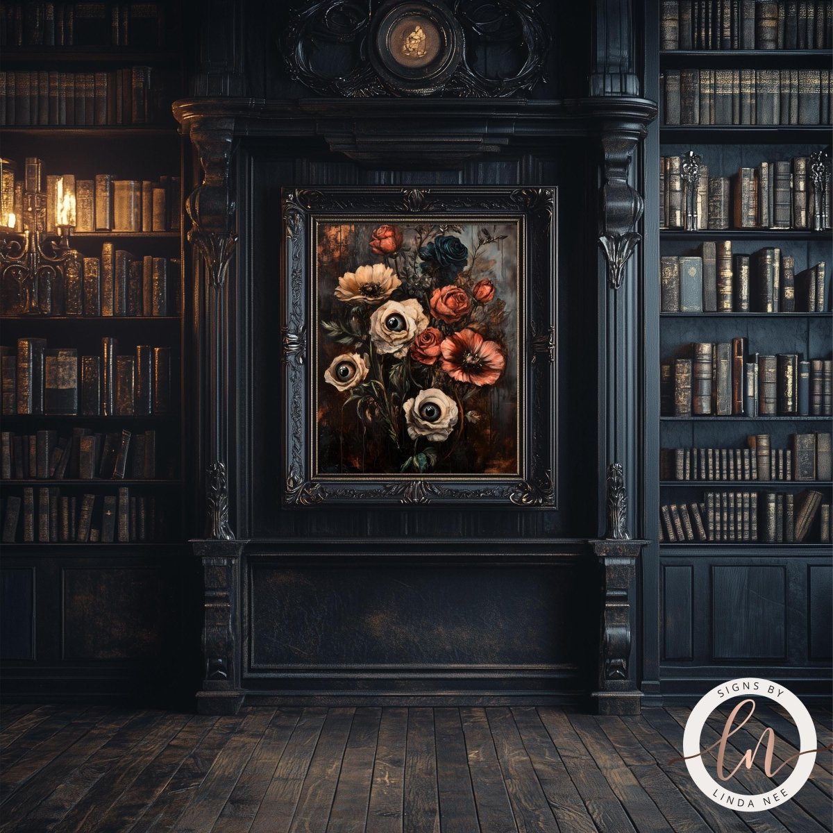 Gothic flower bouquet print shown in a room with a bookshelf
