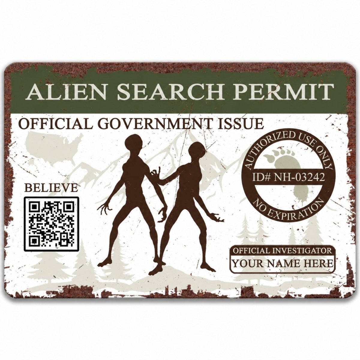 The image is a sign for an Alien Search Permit, which is an official government issue. It features silhouettes of two people and includes a QR code and a barcode.