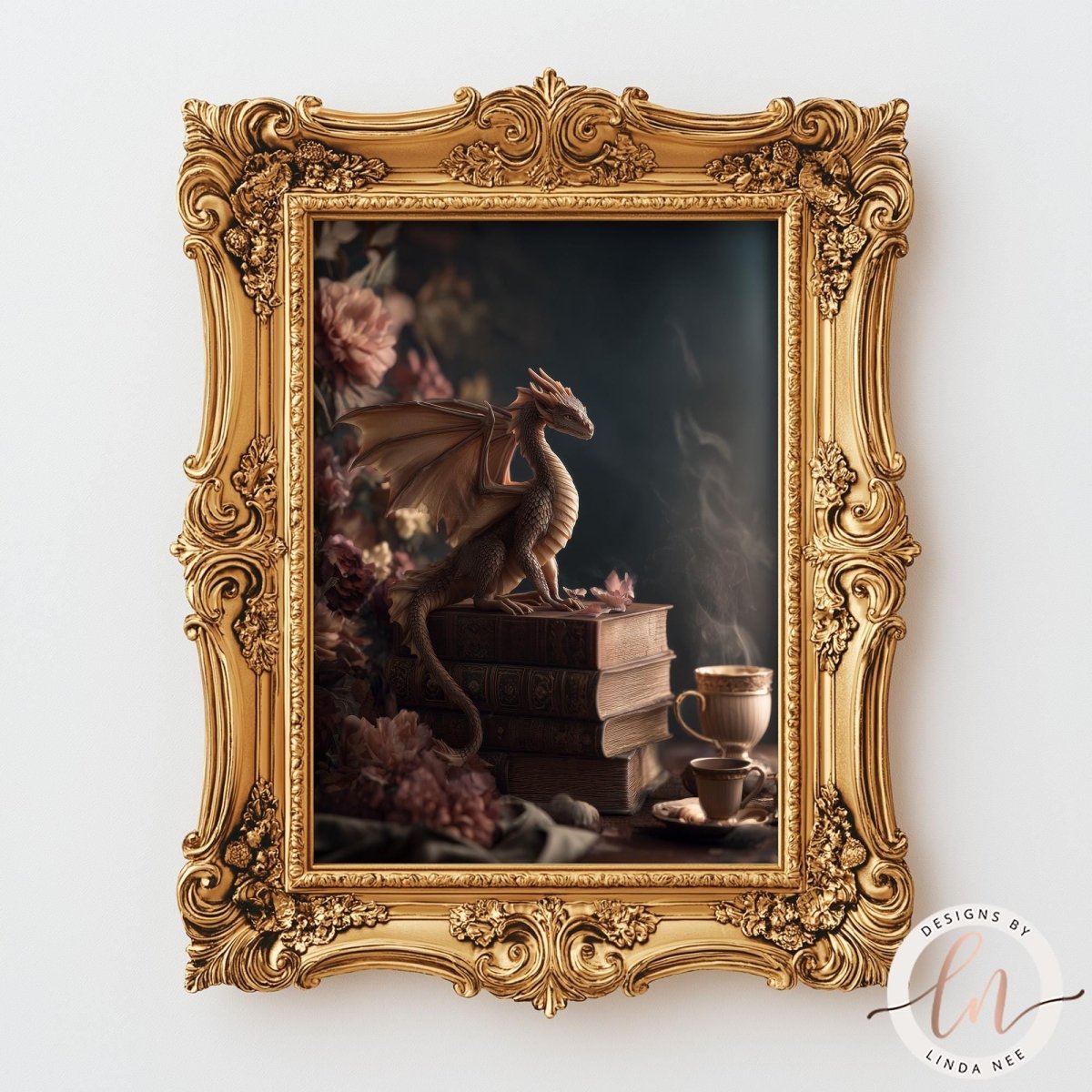 A golden ornate frame surrounds a framed image depicting a dragon perched on a stack of books, with a steaming cup of tea nearby.