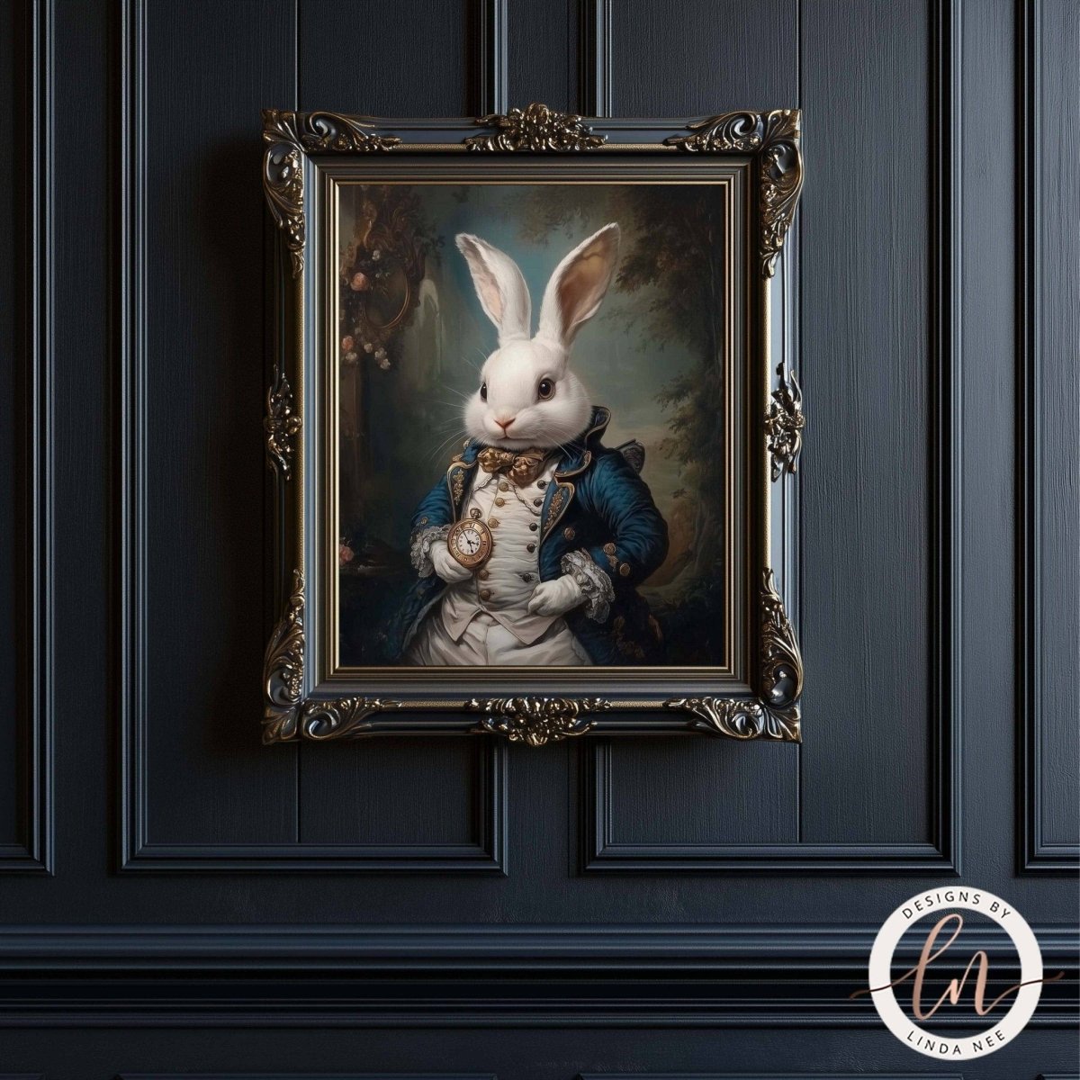 White rabbit with pocket watch shown in a gold frame