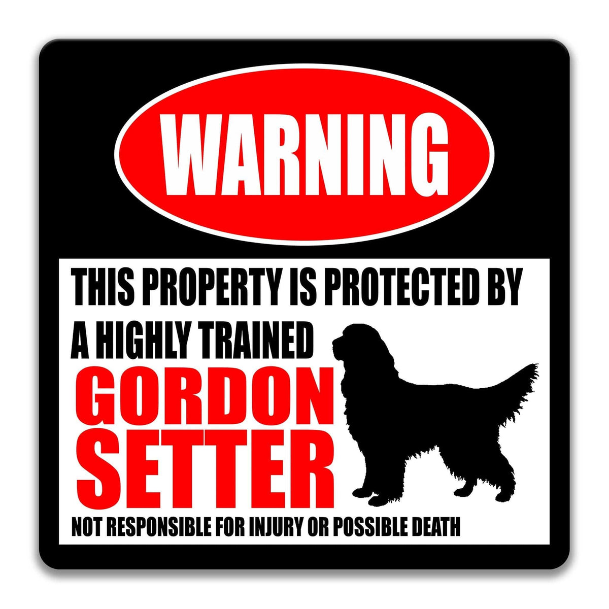 Gordon Setter warning sign, red WARNING banner and large Gordon Setter dog silhouette, funny Gordon Setter lover gift, aluminum with rounded corners