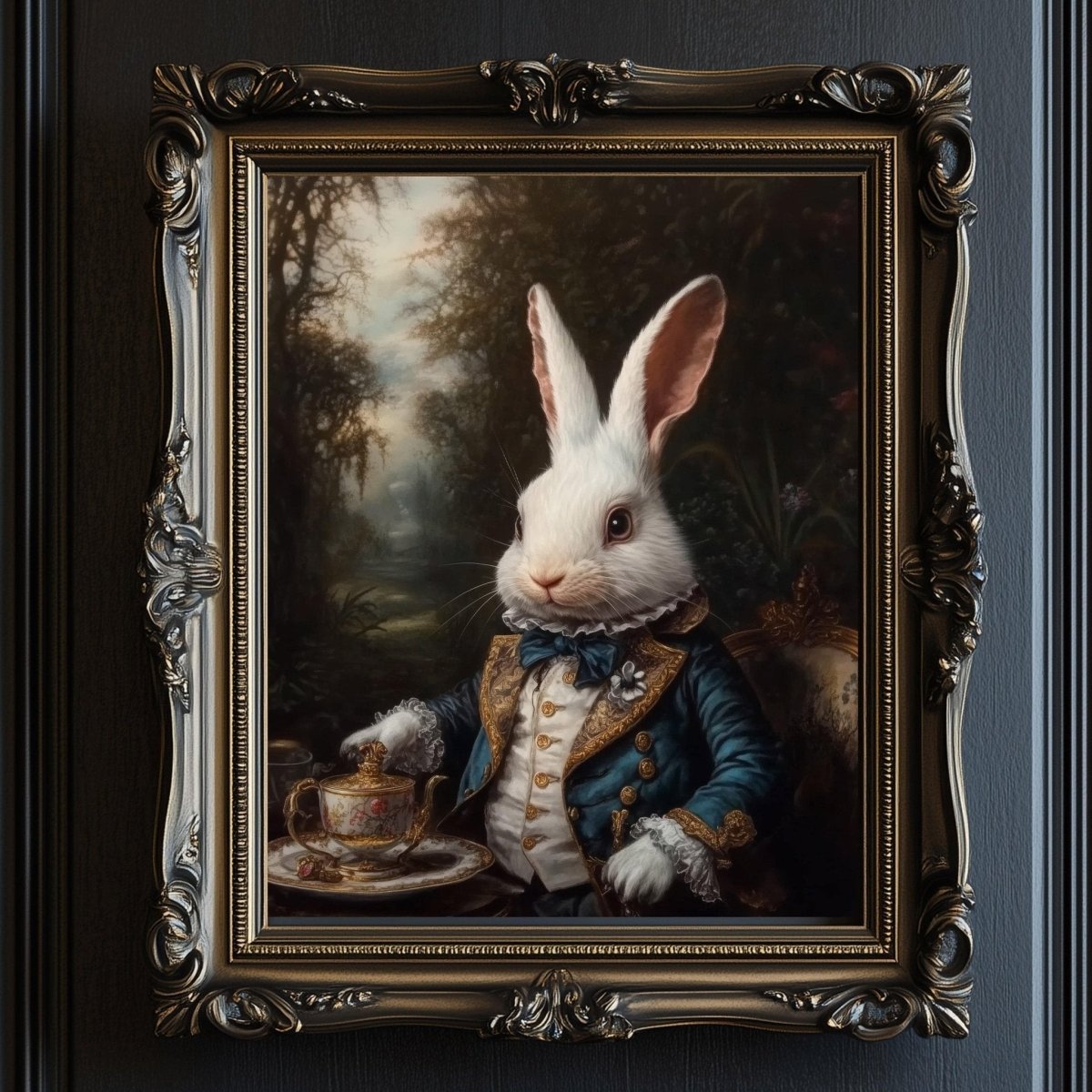 White rabbit in a blue and gold coat holding a teapot