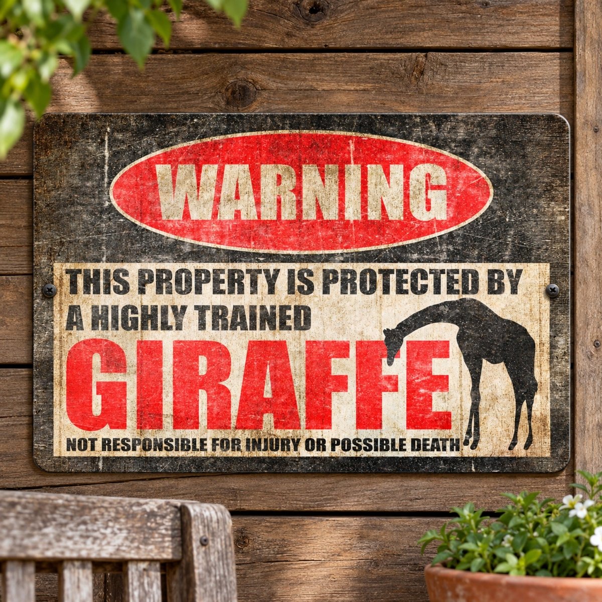 Full view of the giraffe metal warning sign with its property warning and possible death disclaimer