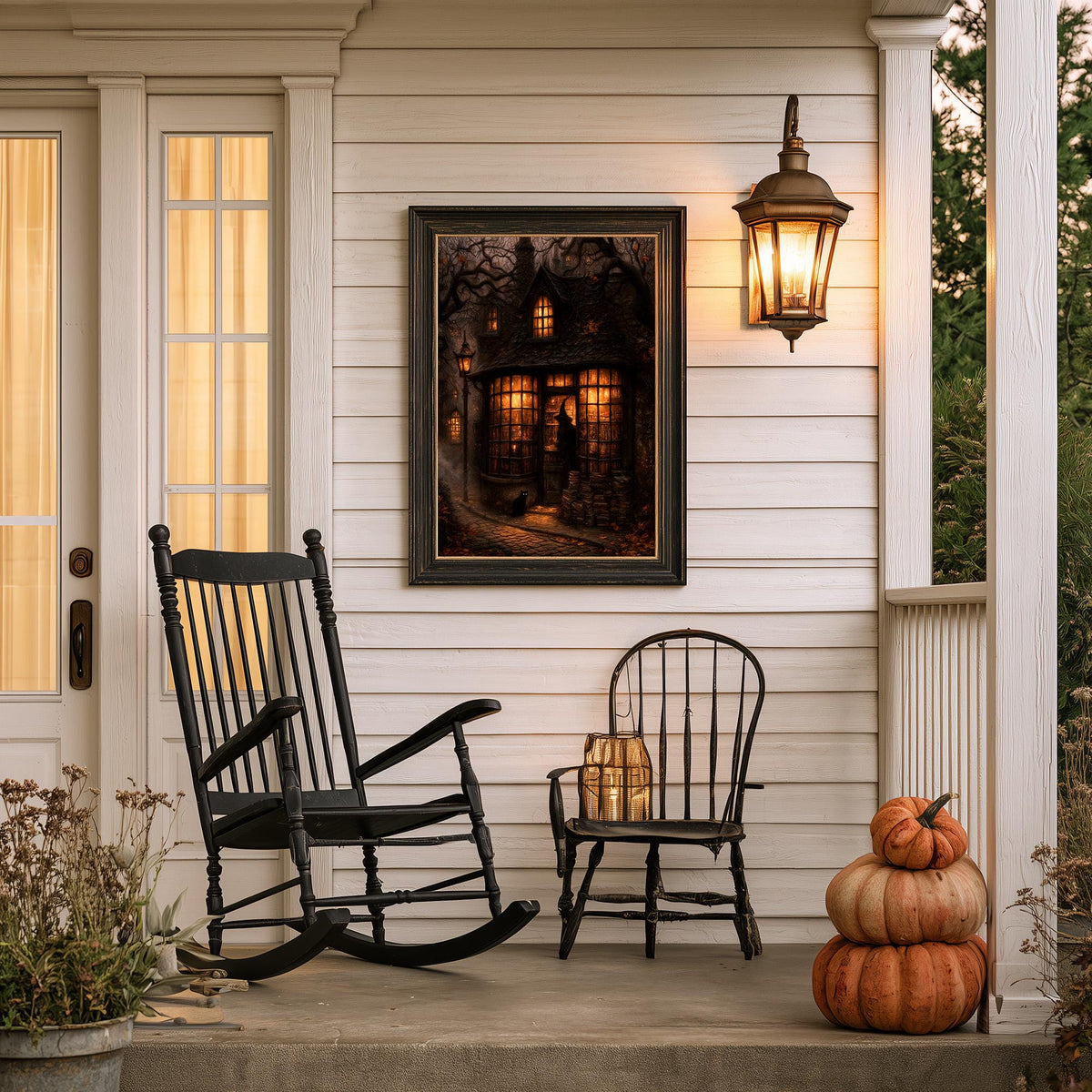 Covered porch with stacked pumpkins, a rocking chair, and the bookshop print above