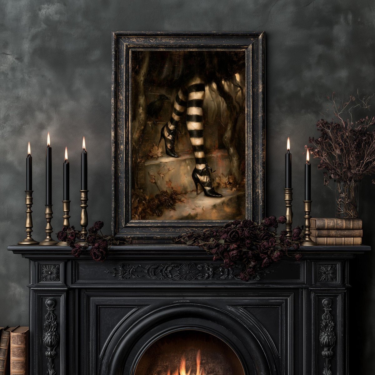 Gothic mantel with a dark bouquet beneath the striped stockings artwork