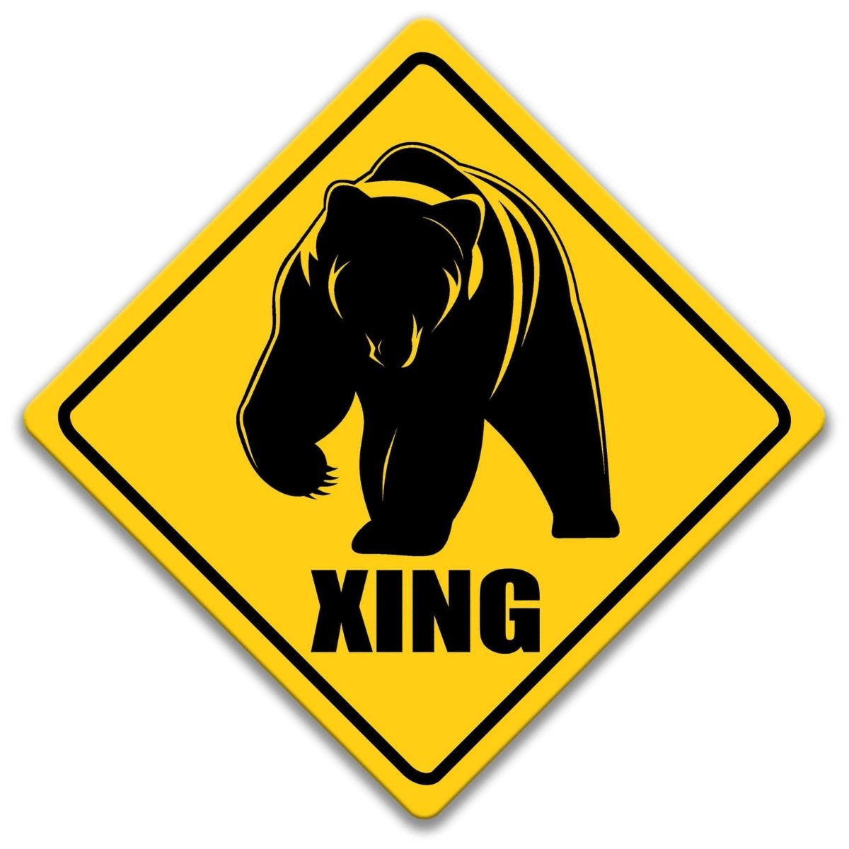 A yellow diamond-shaped sign with a black silhouette of a bear and the word "XING" written below it.