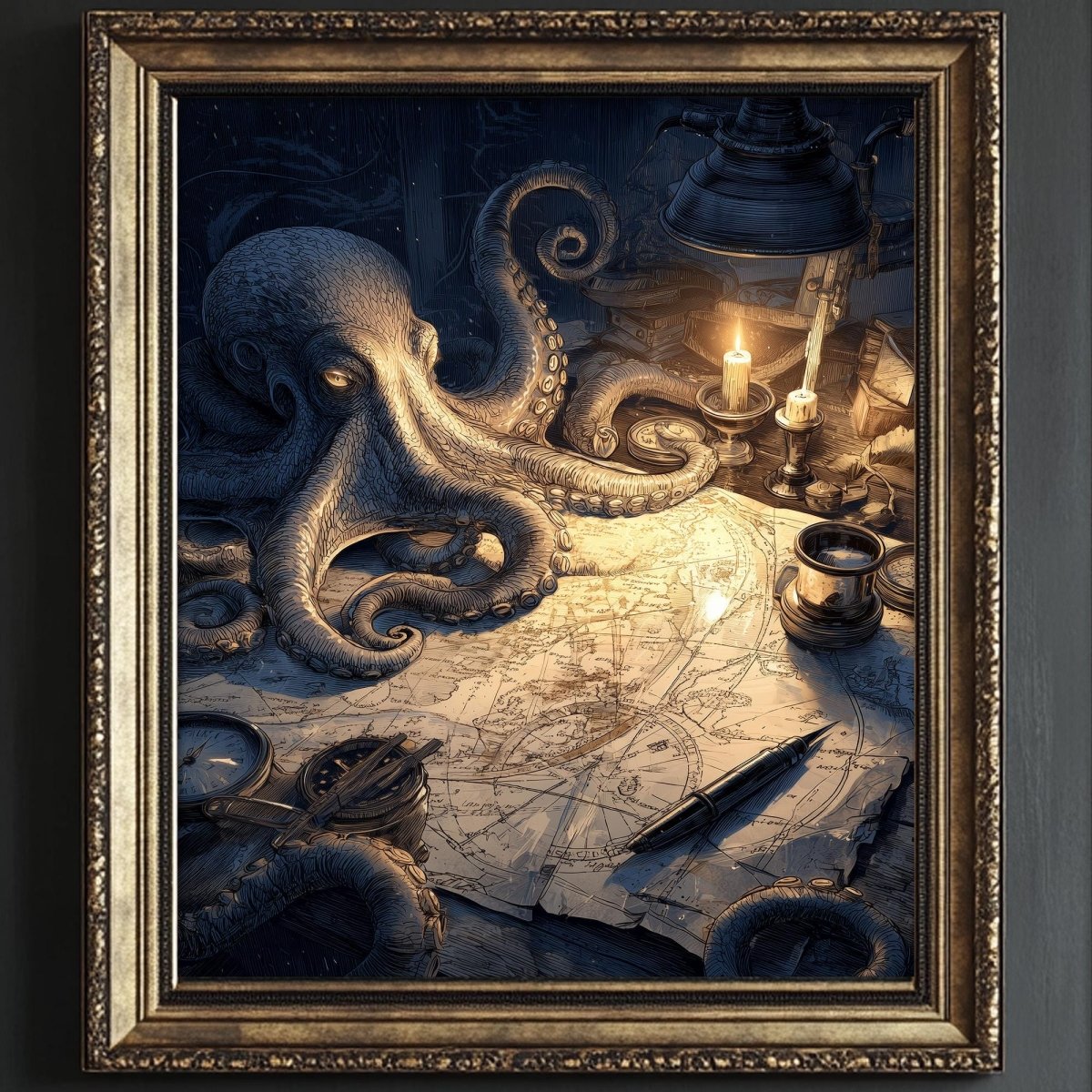 an octopus sitting on a map, surrounded by various objects such as a lamp, a candle, and a compass.