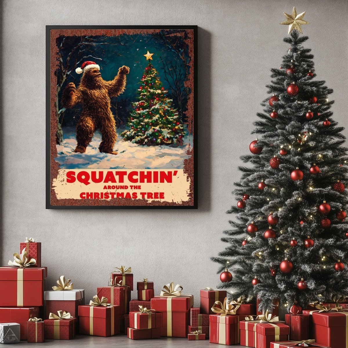 Bigfoot in a Santa hat beside a snowy Christmas tree, displayed with a tree and presents