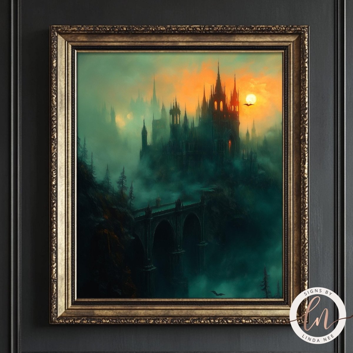 Fantasy castle wrapped in fog beneath a fiery orange sunset sky