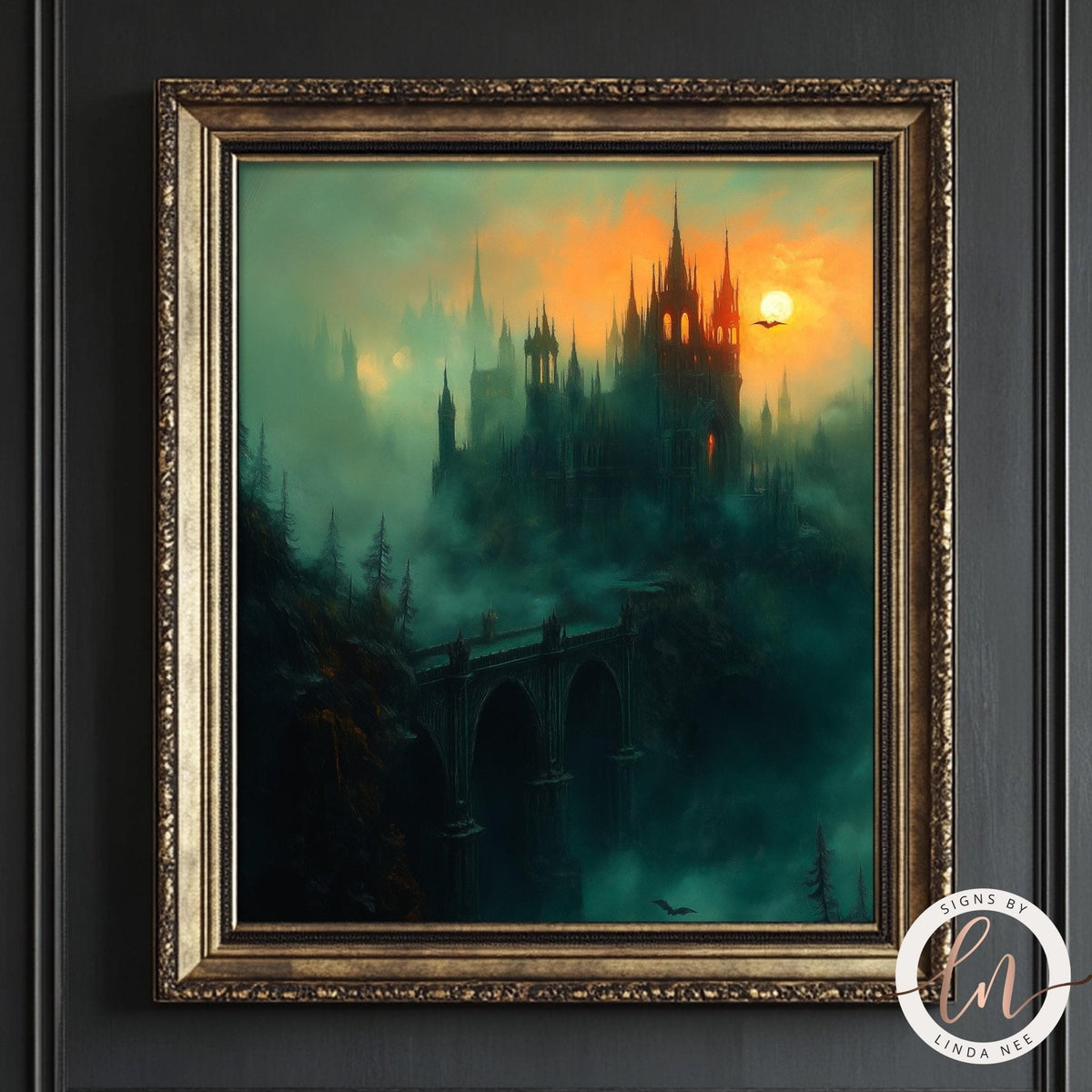 a castle in a foggy landscape, with a bridge and a sunset in the background.