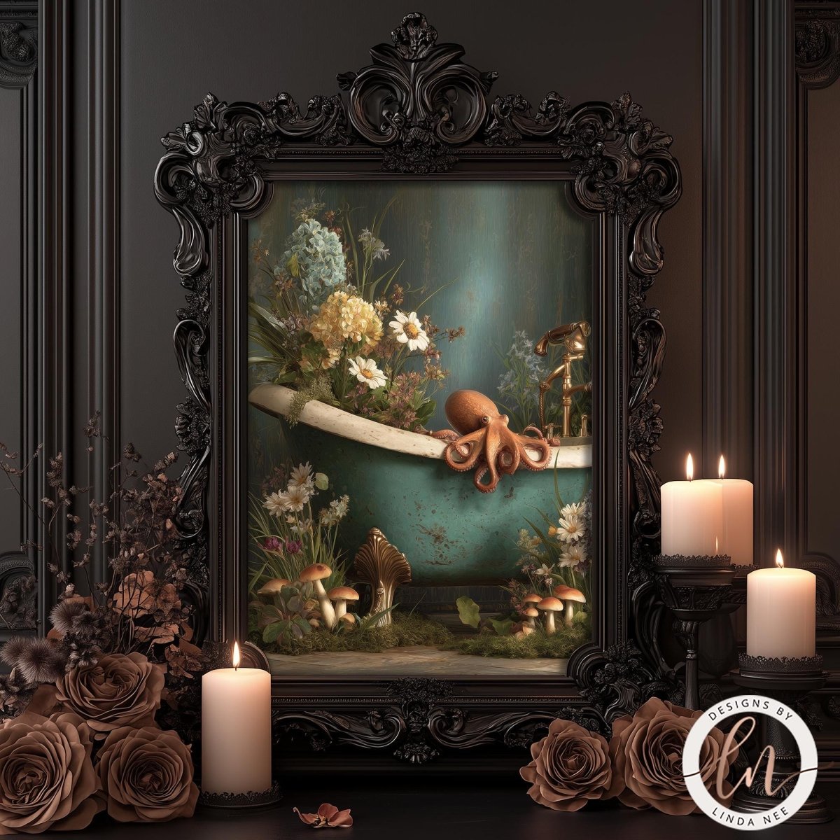 a painting of a bathtub filled with flowers and mushrooms, surrounded by candles and other decorative elements.
